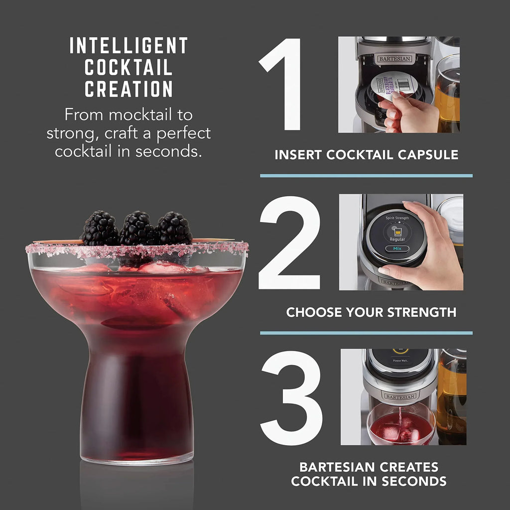 Bartesian Professional Cocktail Machine and Margarita Maker - High Capacity Bar Cocktail Mixer with 5 Premium Glass Bottles for Parties and Entertaining - Push-Button Technology and Easy Clean Design - Unique Gift Market