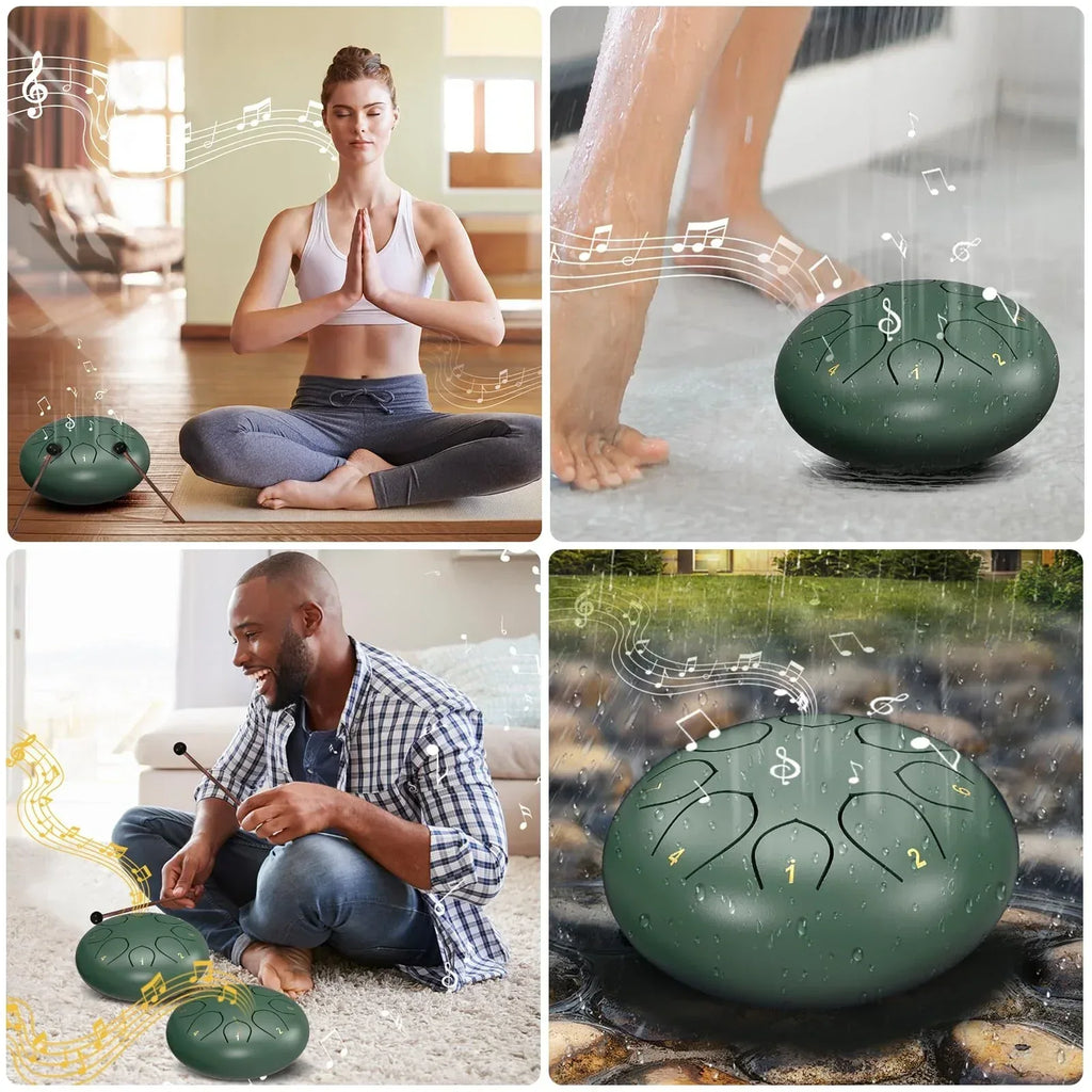 Rain Drum for Outside Garden, 6 Inches 8 Notes Steel Tongue Chakra Drums, Waterproof Meditation Rain Chime, Musical Instruments for Adult Gift with Bag, Music Book, Drum Mallets (Green) - Unique Gift Market