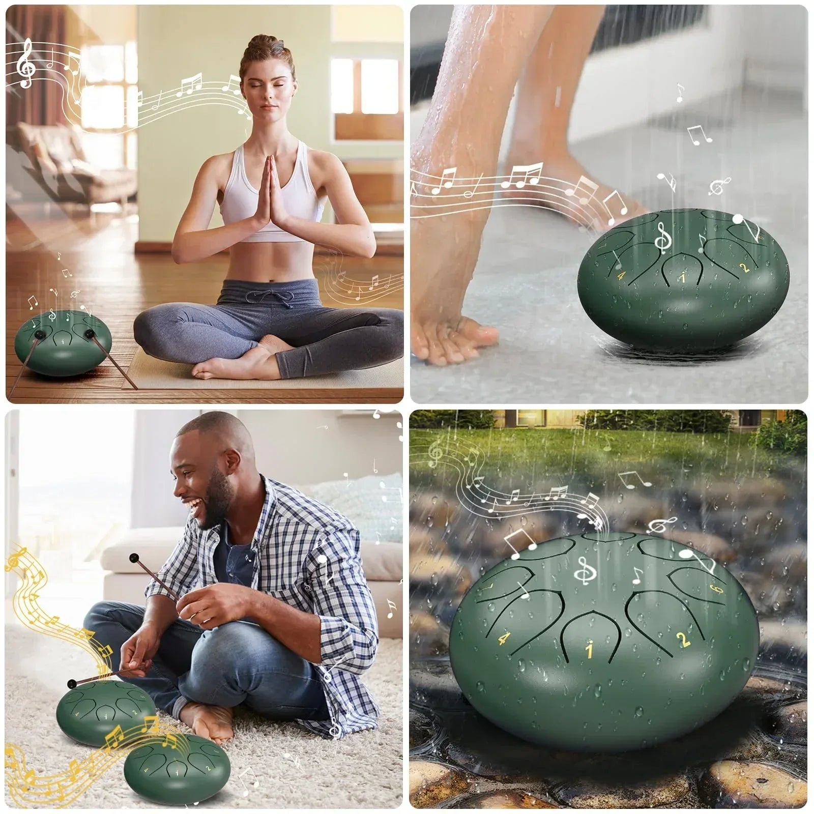 Rain Drum for Outside Garden, 6 Inches 8 Notes Steel Tongue Chakra Drums, Waterproof Meditation Rain Chime, Musical Instruments for Adult Gift with Bag, Music Book, Drum Mallets (Green) - Unique Gift Market
