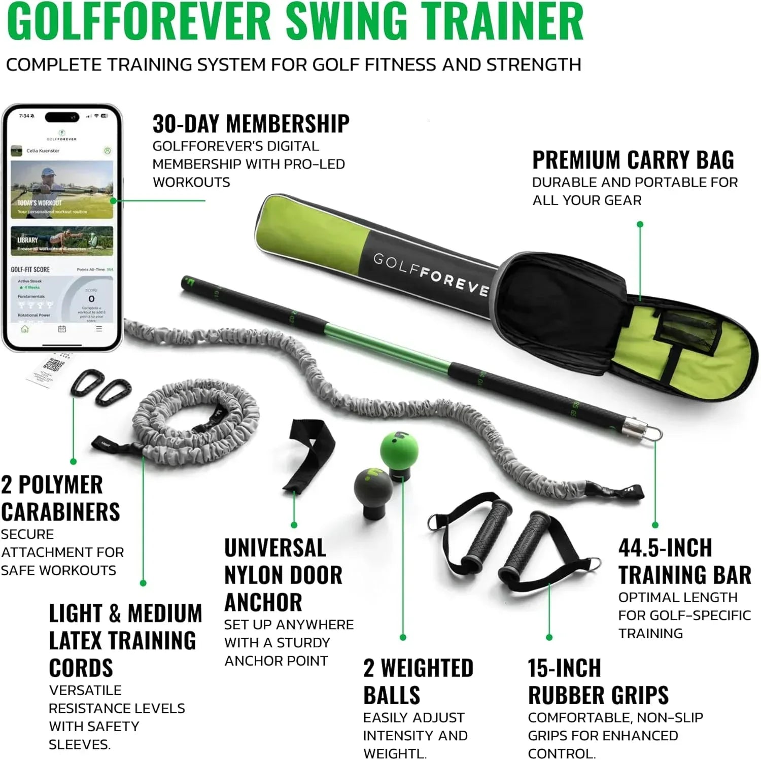 GolfForever Swing Trainer – Golf Training & Fitness System for Strength, Flexibility & Swing Power – Includes 30-Day Membership & Training Bar for Golf-Specific Workouts - Unique Gift Market