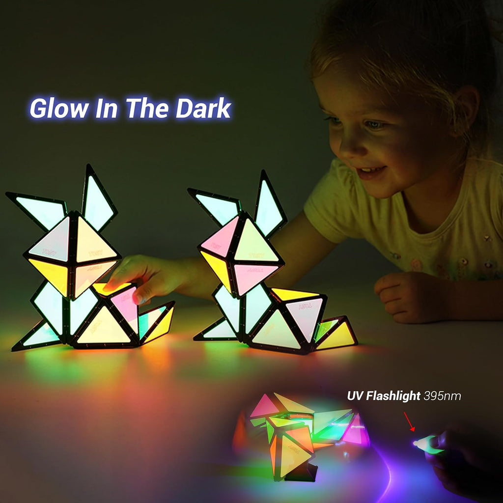 TOSY Magnet Pyramid Glow - 1 Cube Transforms into 1 Billion Shapes (Bunny, Egg Basket, Flowers, Heart), Easter Birthday Gift, 12 pcs, 243 Magnets, Glowing, Holographic Design, Puzzle/STEM Toy