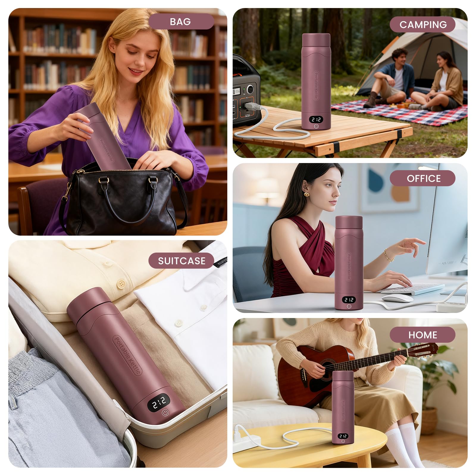 Travel Electric Kettle Portable Mini Kettle, 316 Stainless Steel 16.91Oz/500mL, Small Hot Water Boiler with 4 Temperature,Fast Boiling water with Auto Shut-Off and Boil Dry Protection Cranberry