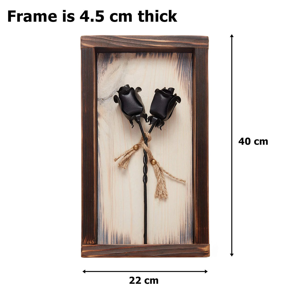 NOVECRAFTO Set of 2 Forged Iron Roses Twisted Together Forever - Placed in Mountable Wooden Frame - Unique 3D Gift - Unique Gift Market