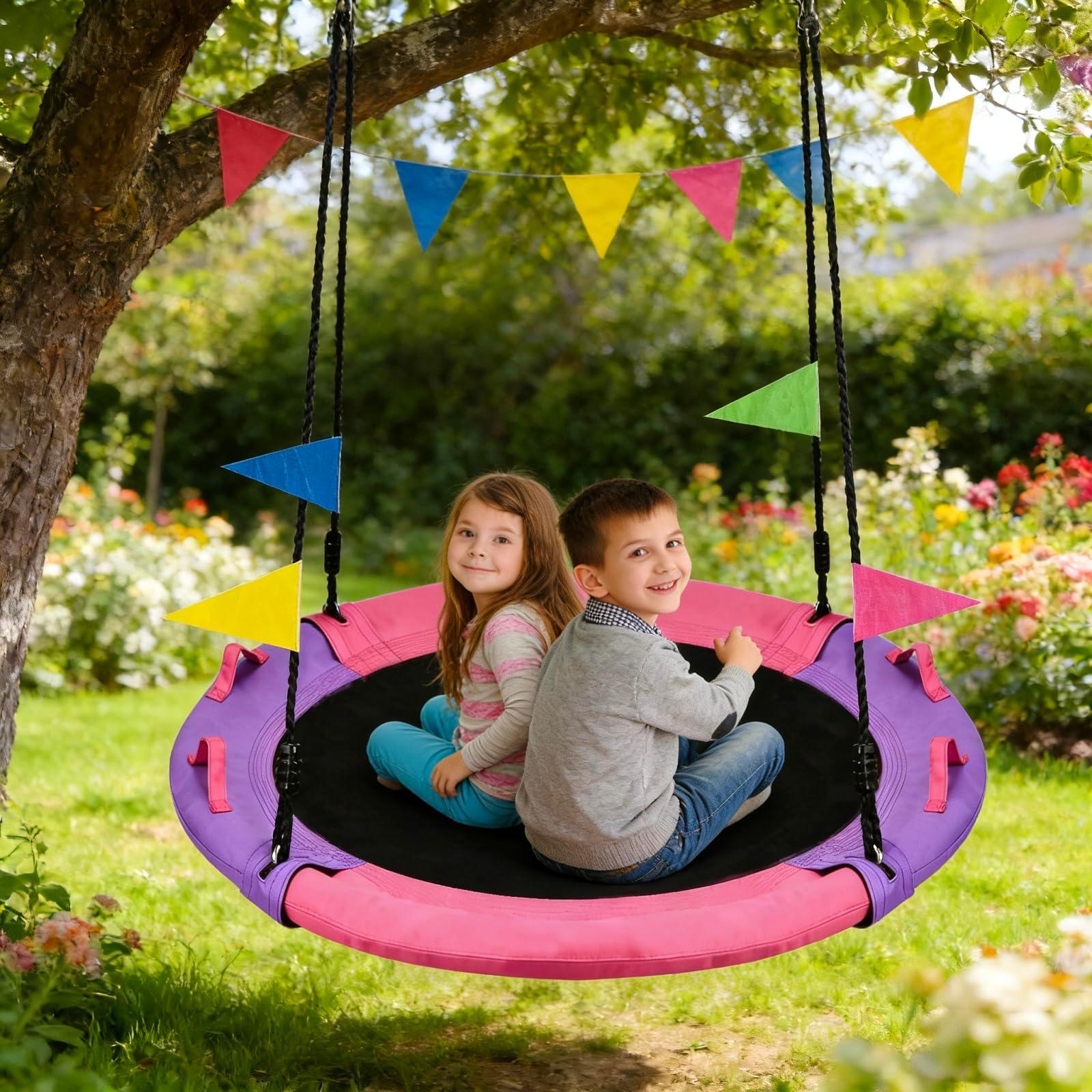43 Inch Tree Swing, 900lbs Weight Capacity Saucer Swing Sets for Kids & Adults, with 360 Degree Swivel and Adjustable Hanging Strap, Green and Blue - Unique Gift Market