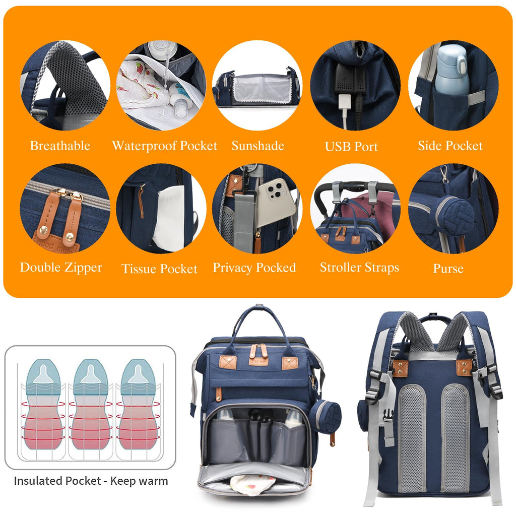 Baby Diaper Bags with Changing Station, Waterproof Diaper Bag Backpack for Moms Dads with USB Charging Port, Baby Shower Gifts, Large Capacity diaper backpack, Grey