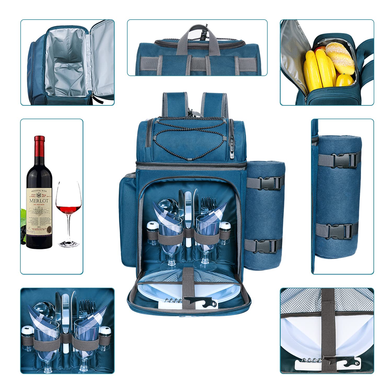 Hap Tim Picnic Basket Backpack for 2 Person with 2 Insulated Cooler Compartment, Wine Holder, Fleece Blanket, Cutlery Set, Wedding Gifts for Couples, Bridal Shower Gifts, Engagement Gifts