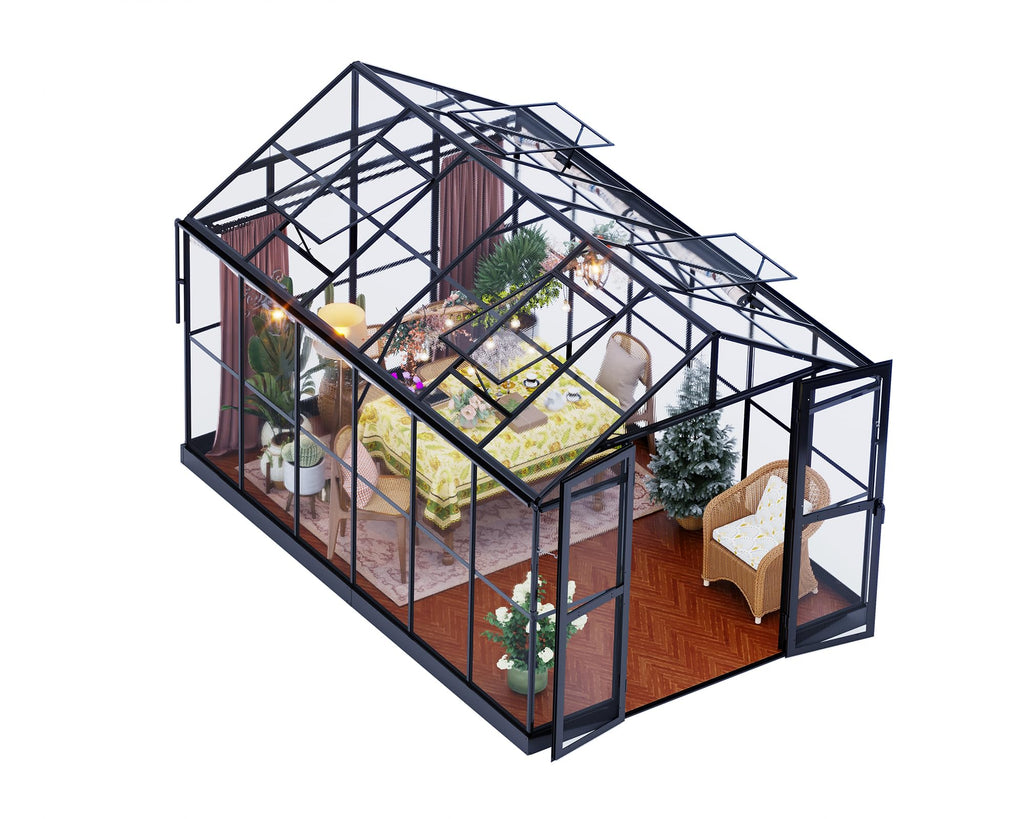 Jocisland 8x12x7.5 FT Greenhouse - Outdoor Aluminum Polycarbonate Greenhouse with Ventilation and Rain Gutter, 4 Swing Doors with Hook, Walk in Greenhouse for Outdoors Backyard Garden, Black