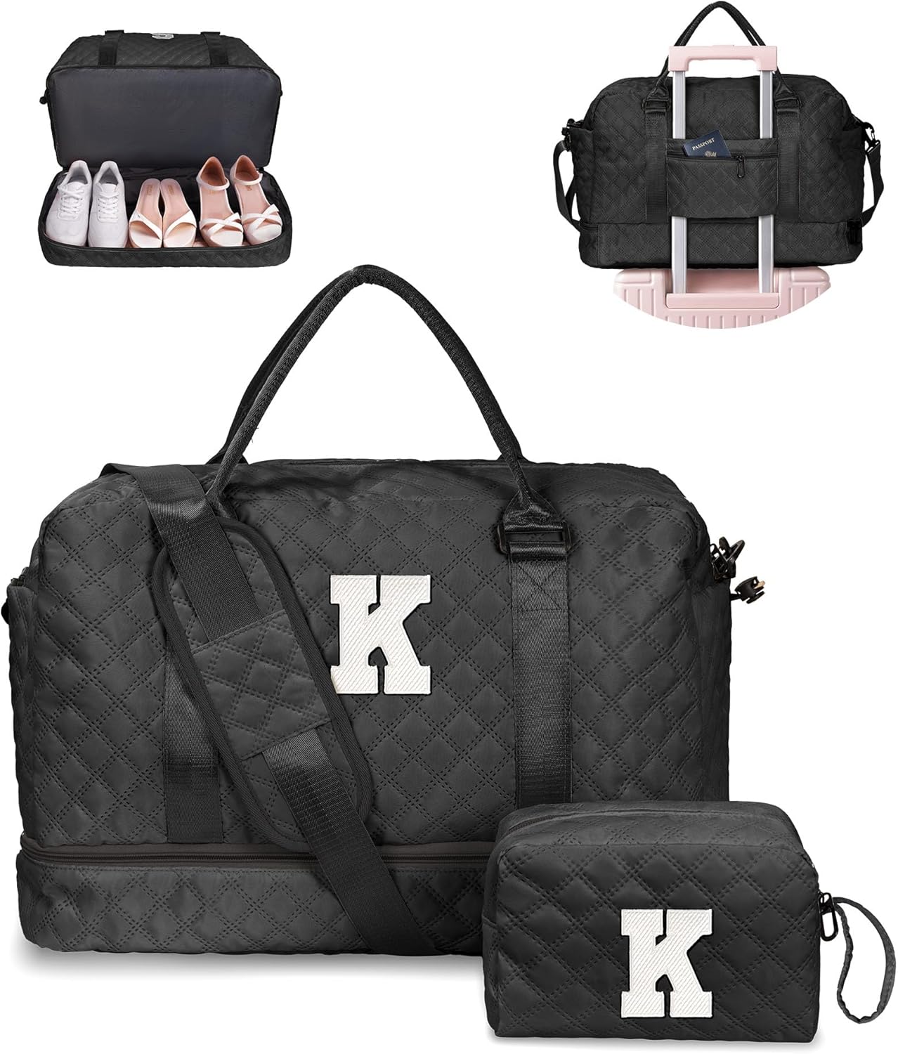 Birthday Gift-Initial Duffle Bag with Shoe Compartment, Personalized Weekender Bag, Monogram Overnight Bag for Women with Trolley Sleeve & Wet Pocket, Travel Bag with Makeup Bag (Letter K)