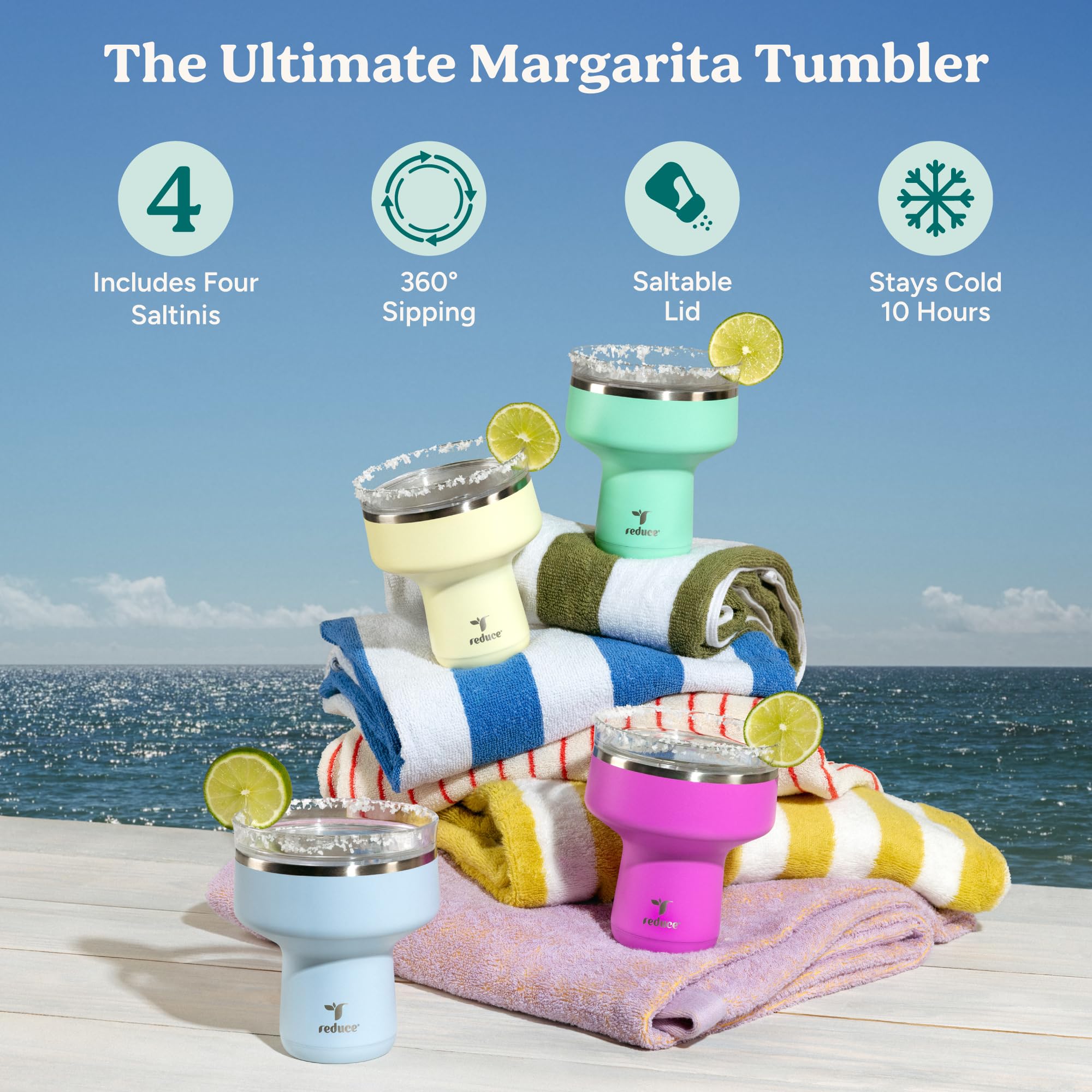 REDUCE Saltini 16 oz Cocktail Tumbler - Insulated Margarita Tumbler with Lid - Keeps Drinks Cold for 10 Hours - 360 Sippable Martini Glass Alternative - Shatterproof, Perfect for Parties - Sea Glass