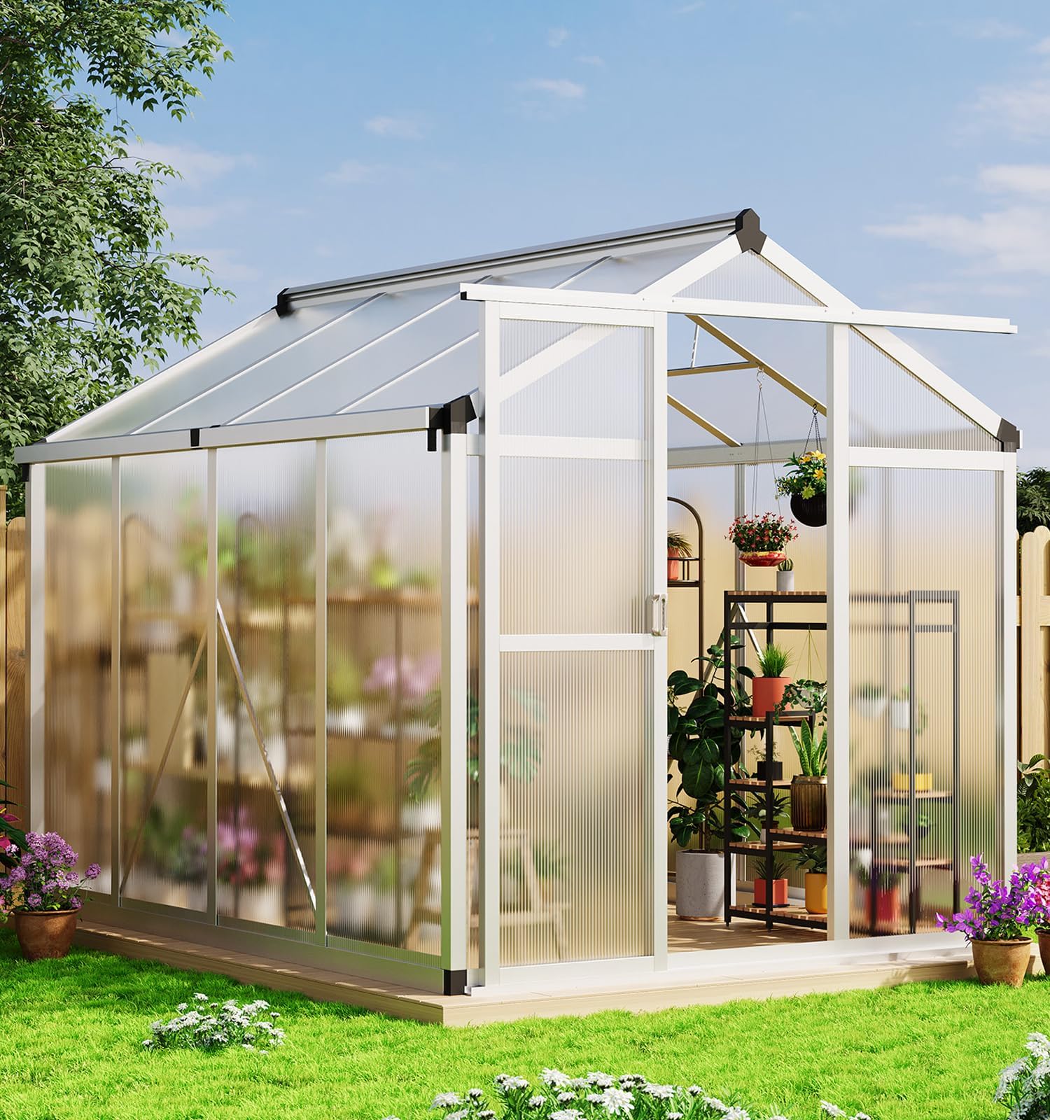 6×8FT Greenhouses for Outdoors, Aluminum Polycarbonate Greenhouses with Roof Vent - Heavy-Duty Walk-in Green Houses for All-Season Backyard Gardening