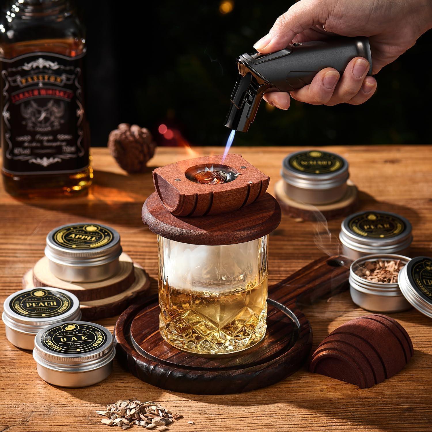 Whiskey Smoker Kit with Torch - 6 Flavors Wood Chips, 2 Glasses, 2 Ice Ball Molds - Cocktail Smoker Infuser Kit, Old Fashioned Drink Smoker Kit, Birthday Bourbon Whiskey Gifts for Men,Dad(NO Butane) - Unique Gift Market