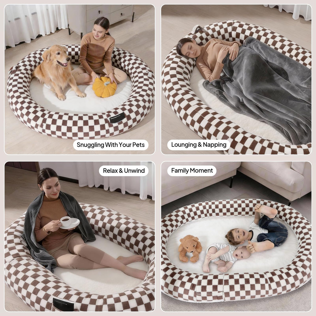 Giant Human Dog Bed for Adults and Pets, 74"x50"x12" Durable Memory Foam for Full-Body Comfort, Waterproof & Machine Washable Cover, Family Shared Lounger for Any Room, Grey