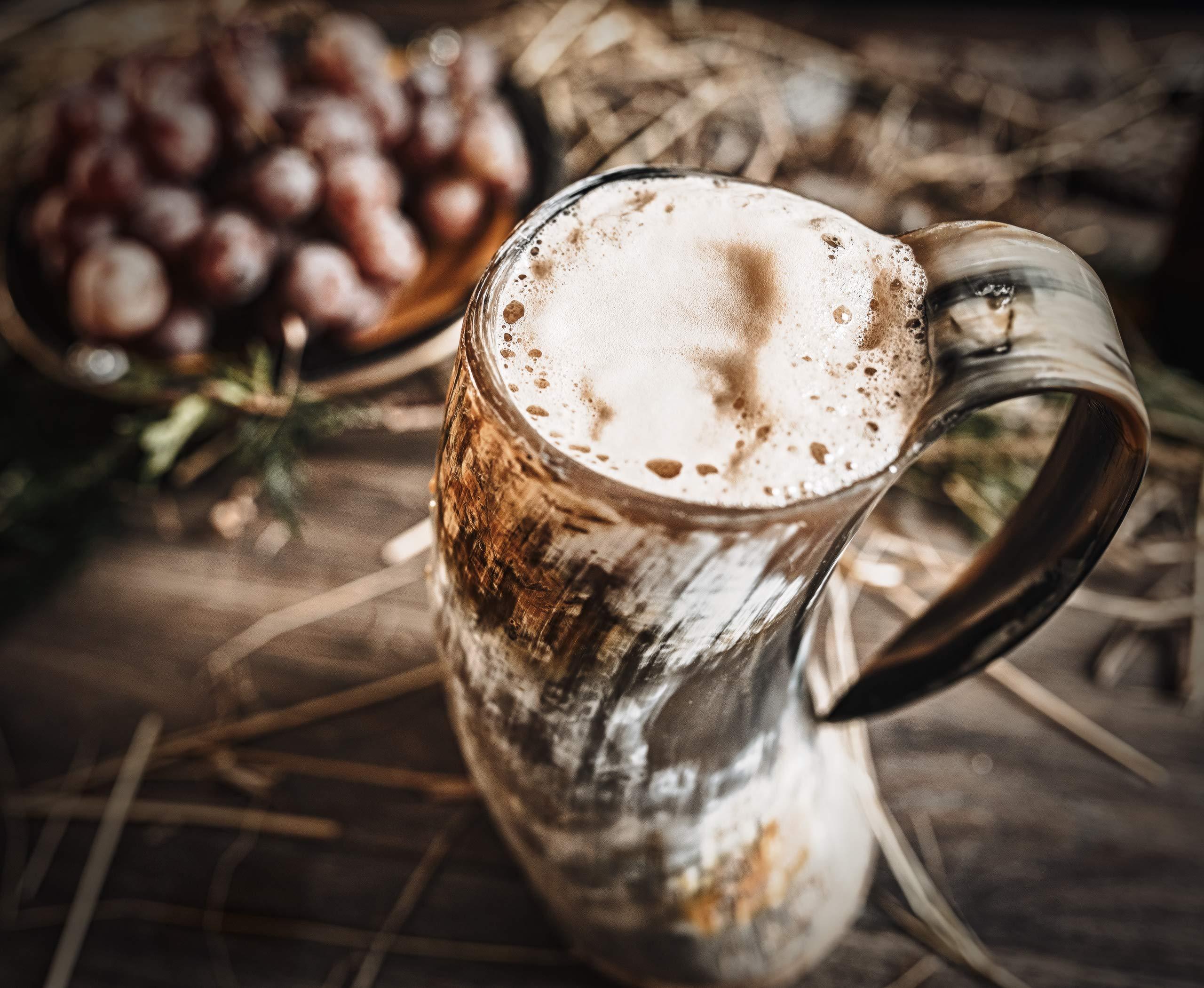 Norse Tradesman Original LG Viking Drinking Horn Mug - 100% Authentic Beer Horn Tankard With Natural Surface & Burlap Gift Sack | The Original, Low Polish, approx. 16 oz - Unique Gift Market