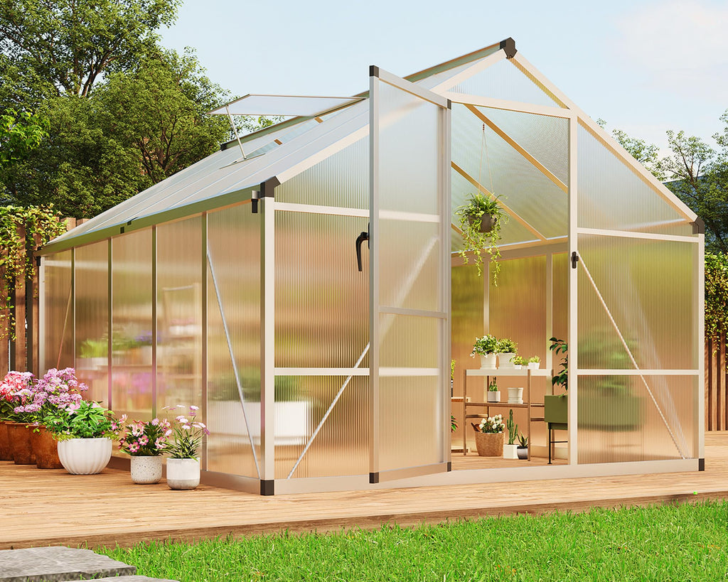 8×10 FT Greenhouse, Large Walk in Greenhouses for Outdoors and Garden Planting, Polycarbonate Greenhouse with Enhanced Aluminum Frame, Green Houses with Quick Setup Structure and Roof Vent, Green