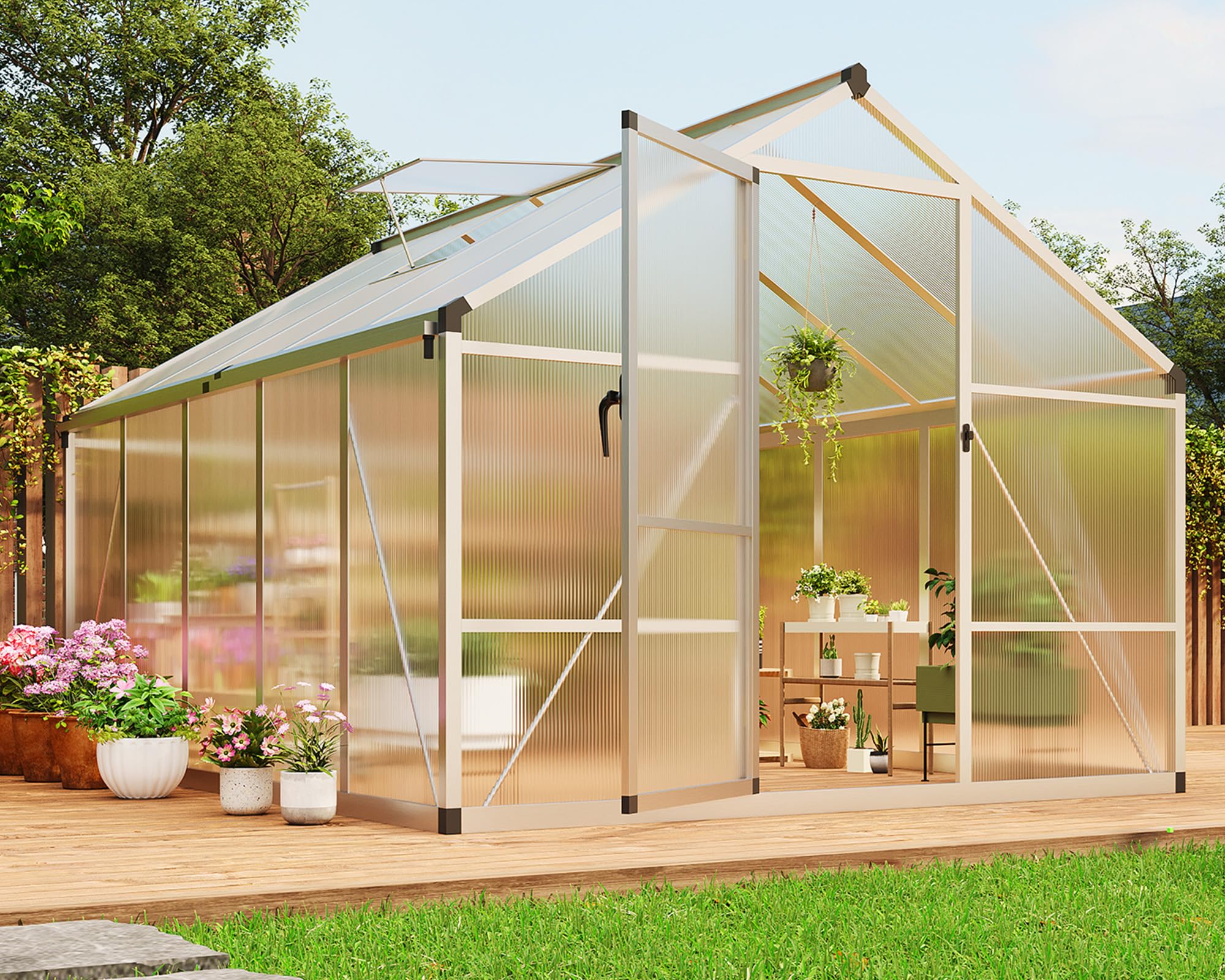 8×10 FT Greenhouse, Large Walk in Greenhouses for Outdoors and Garden Planting, Polycarbonate Greenhouse with Enhanced Aluminum Frame, Green Houses with Quick Setup Structure and Roof Vent, Green