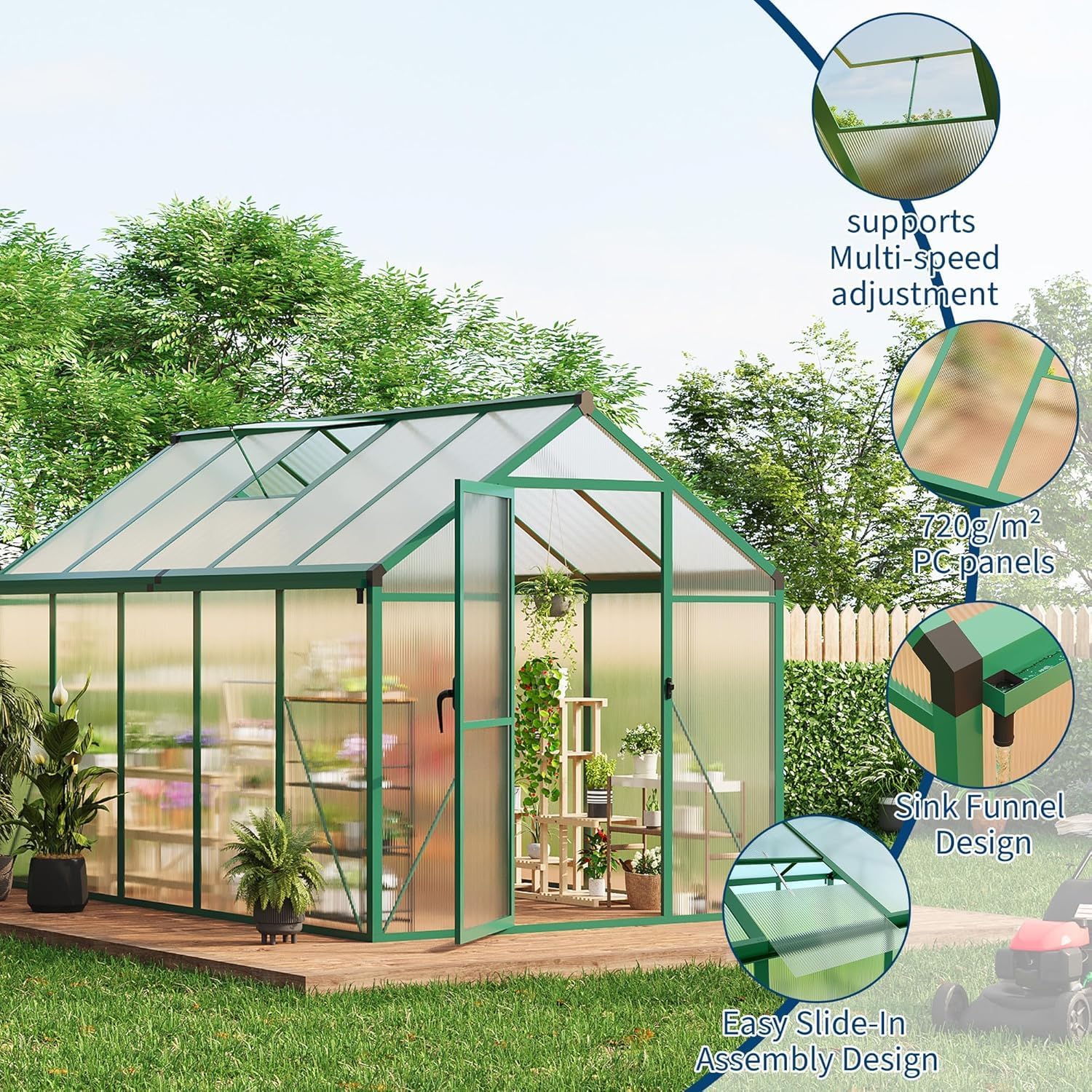 6×8FT Greenhouses for Outdoors, Aluminum Polycarbonate Greenhouses with Roof Vent - Heavy-Duty Walk-in Green Houses for All-Season Backyard Gardening