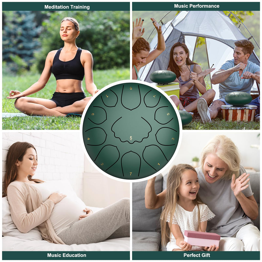 Rain Drum for Outside Garden, 6 Inches 8 Notes Steel Tongue Chakra Drums, Waterproof Meditation Rain Chime, Musical Instruments for Adult Gift with Bag, Music Book, Drum Mallets (Green)