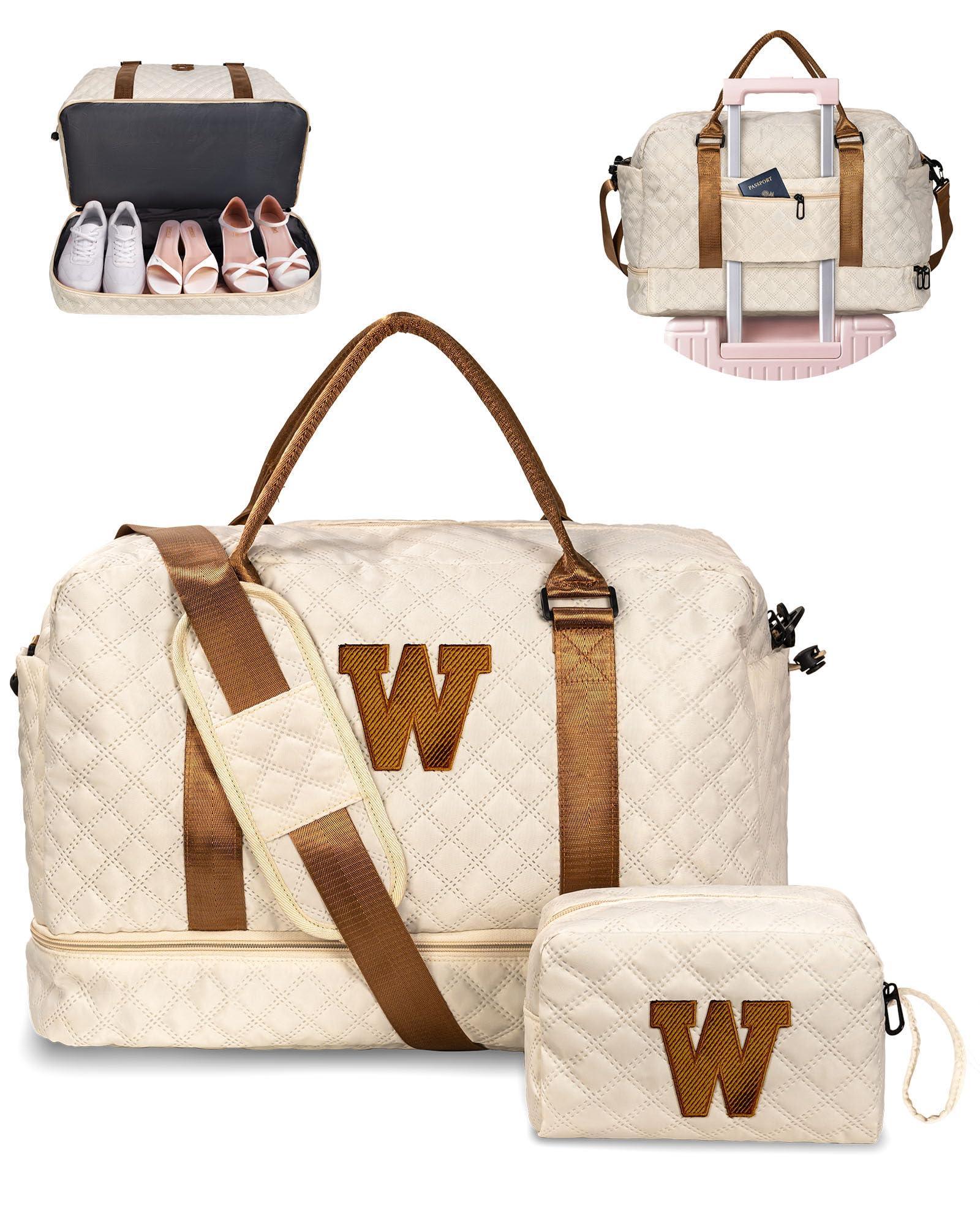 Birthday Gift-Initial Duffle Bag with Shoe Compartment, Personalized Weekender Bag, Monogram Overnight Bag for Women with Trolley Sleeve & Wet Pocket, Travel Bag with Makeup Bag (Letter K) - Unique Gift Market