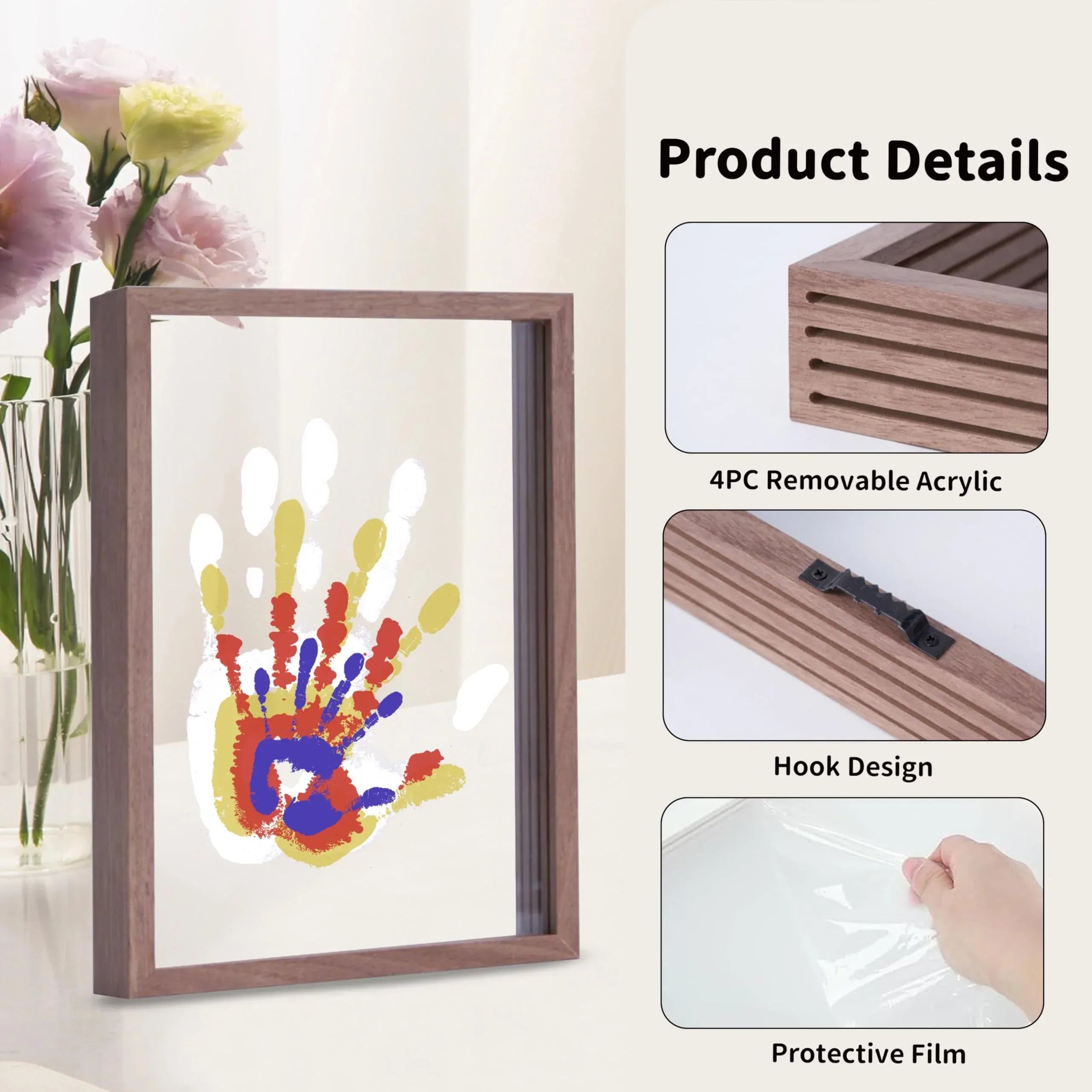 Family Handprint Kit, DIY Craft Keepsake Wooden Frame, Endless Gift Set, Non-Toxic Paints, Transparent Sheets (Brown) - Unique Gift Market