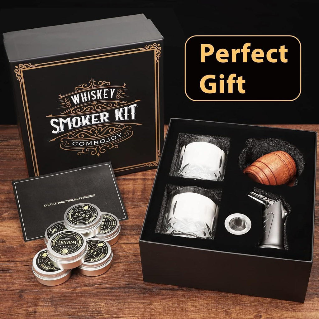 Whiskey Smoker Kit with Torch - 6 Flavors Wood Chips, 2 Glasses, 2 Ice Ball Molds - Cocktail Smoker Infuser Kit, Old Fashioned Drink Smoker Kit, Birthday Bourbon Whiskey Gifts for Men,Dad(NO Butane) - Unique Gift Market