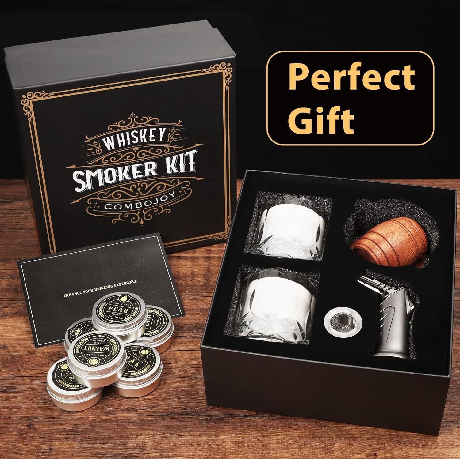 Whiskey Smoker Kit with Torch - 6 Flavors Wood Chips, 2 Glasses, 2 Ice Ball Molds - Cocktail Smoker Infuser Kit, Old Fashioned Drink Smoker Kit, Birthday Bourbon Whiskey Gifts for Men,Dad(NO Butane) - Unique Gift Market