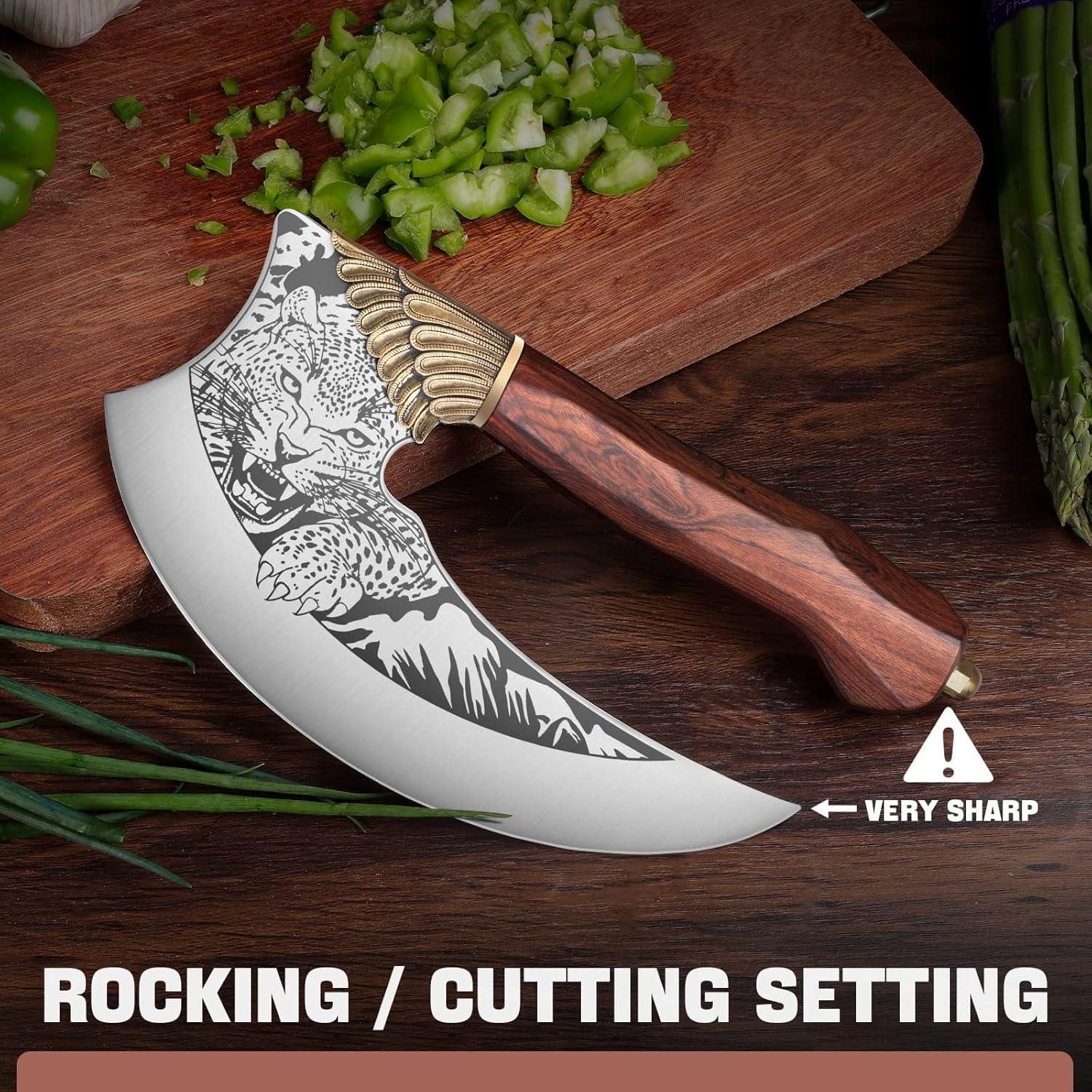 TIVOLI Ulu Knife 9-inch Pizza Cutter Axe, Viking Butcher Cleaver Knife, German 1.4116 Super Steel Rose Wooden Handle with Sheath & Box, Mincing Meat Vegetable Rocking Knives Birthday Gift Men Women - Unique Gift Market