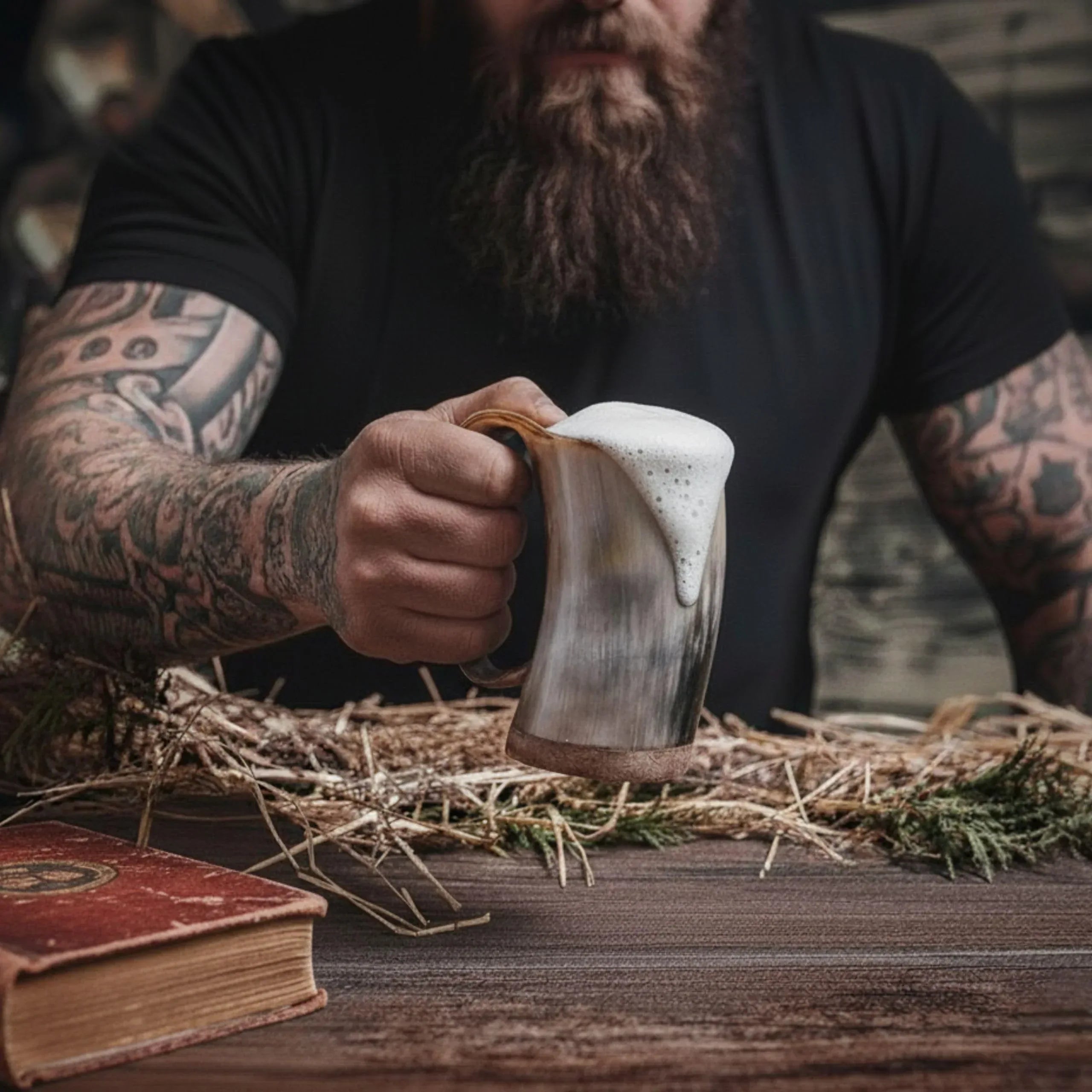 Norse Tradesman Original LG Viking Drinking Horn Mug - 100% Authentic Beer Horn Tankard With Natural Surface & Burlap Gift Sack | The Original, Low Polish, approx. 16 oz - Unique Gift Market