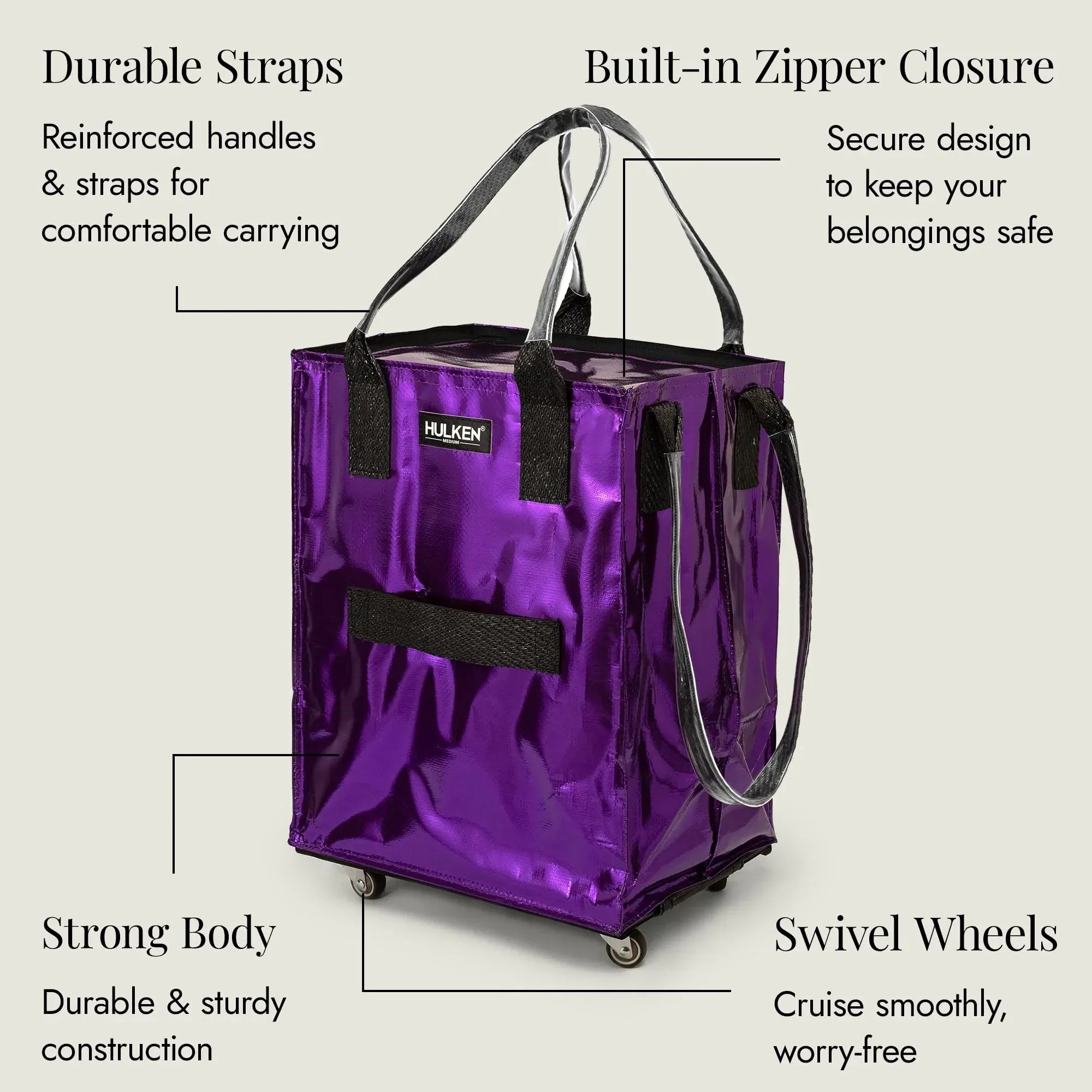 (Medium, Rose Gold) Reusable Grocery Bag On Wheels, Shopping Trolley, Rolling Tote, Zipper Closure, Lightweight, Carries Up to 66 lb, Folds Flat, Unbreakable Handles - Unique Gift Market
