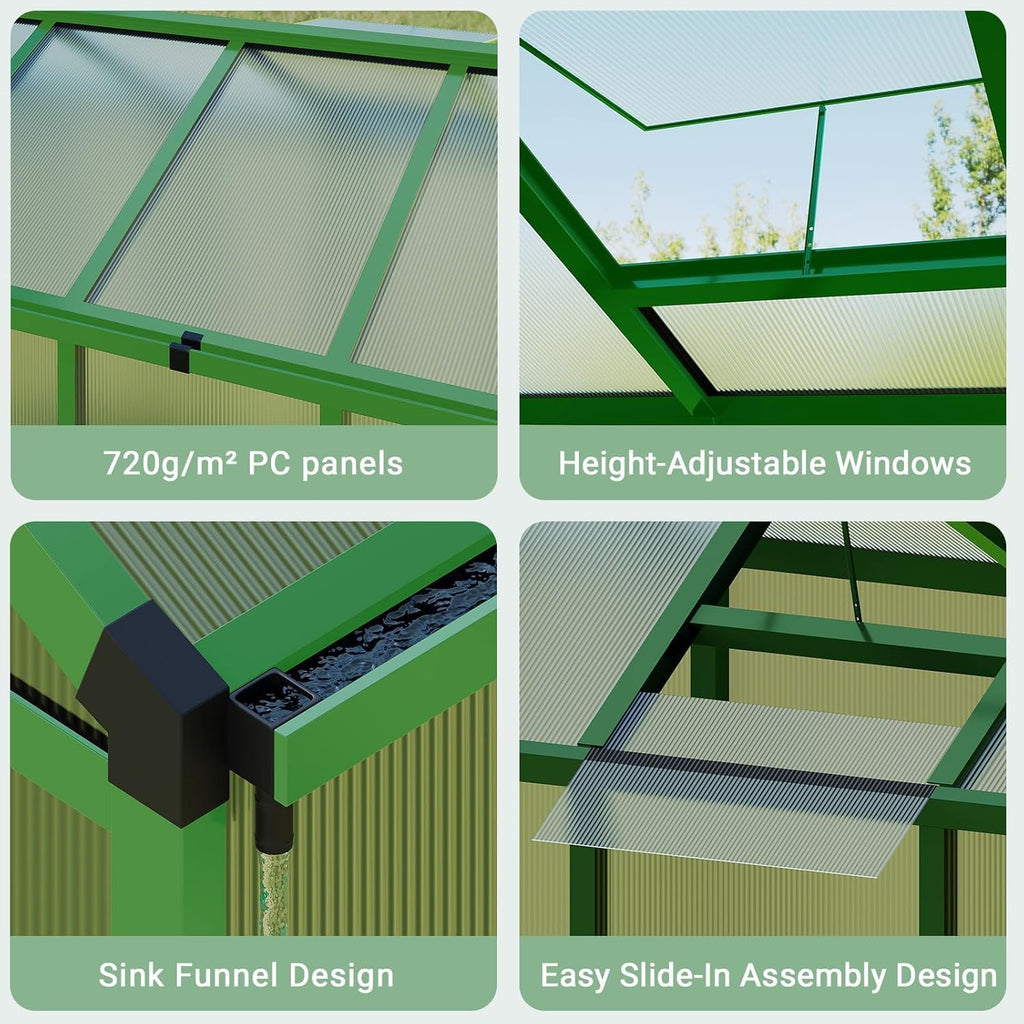 6×8FT Greenhouses for Outdoors, Aluminum Polycarbonate Greenhouses with Roof Vent - Heavy-Duty Walk-in Green Houses for All-Season Backyard Gardening