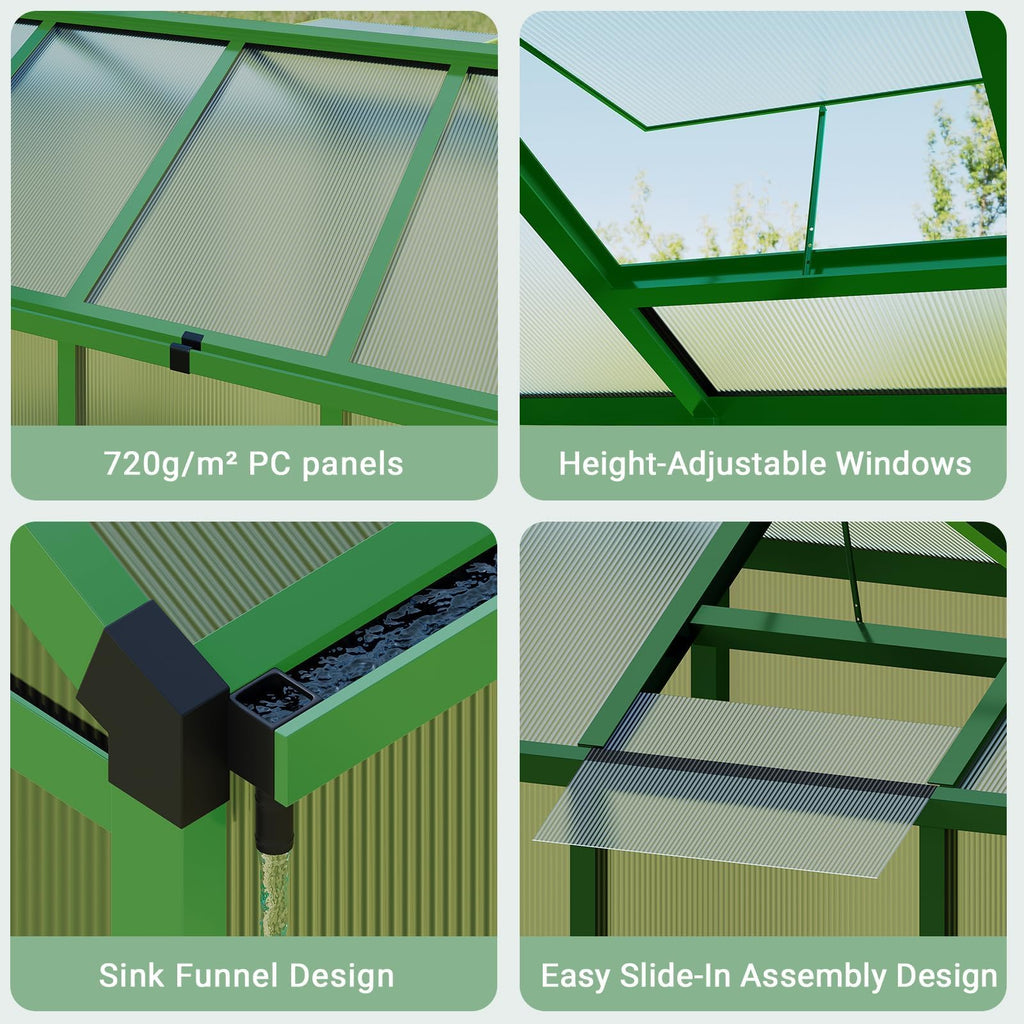 6×8FT Greenhouses for Outdoors, Aluminum Polycarbonate Greenhouses with Roof Vent - Heavy-Duty Walk-in Green Houses for All-Season Backyard Gardening