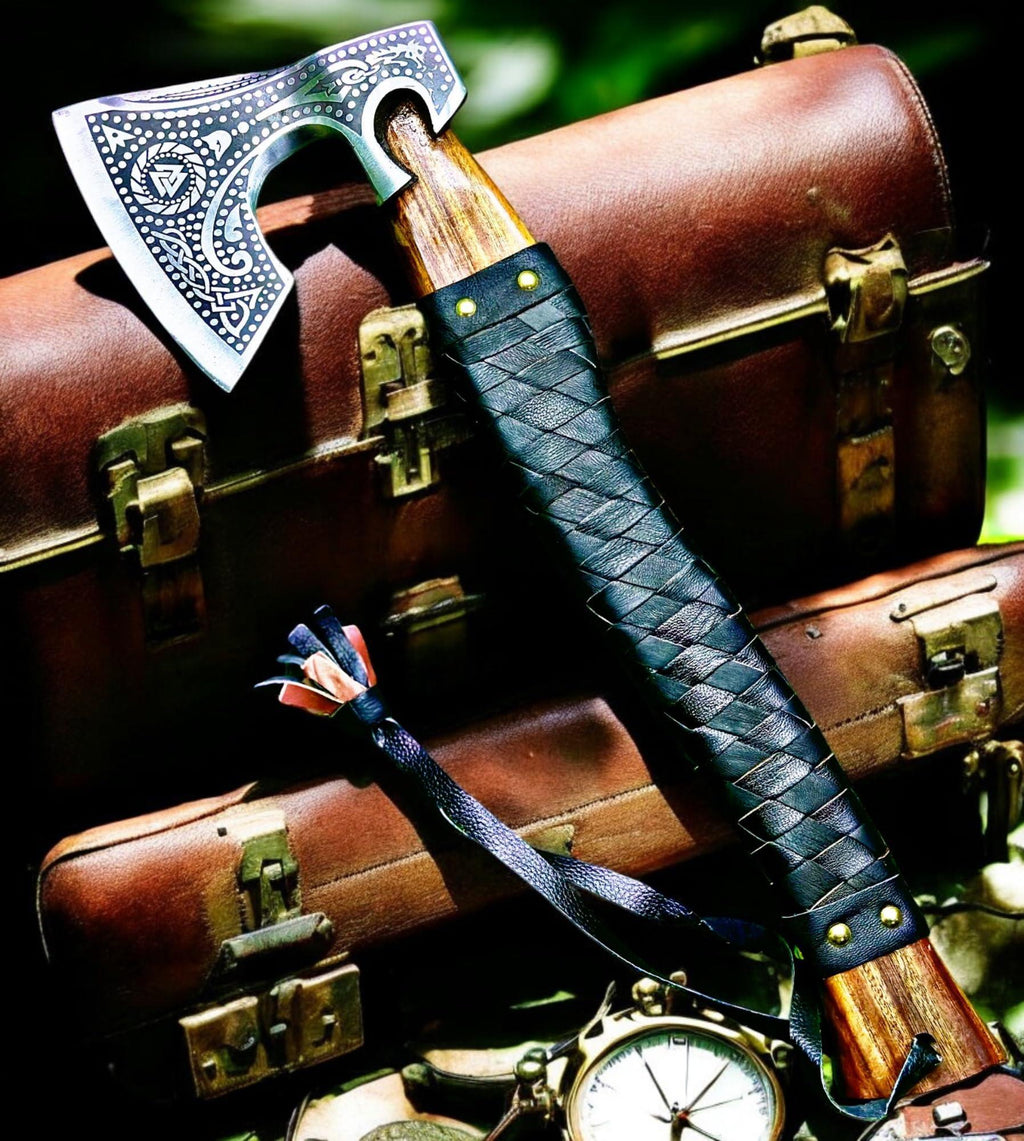 Poshland AX-7001 Custom Gift Forged Carbon Steel Viking Axe with Rose Wood Shaft, Double Edge Axe - Unique Gift Market