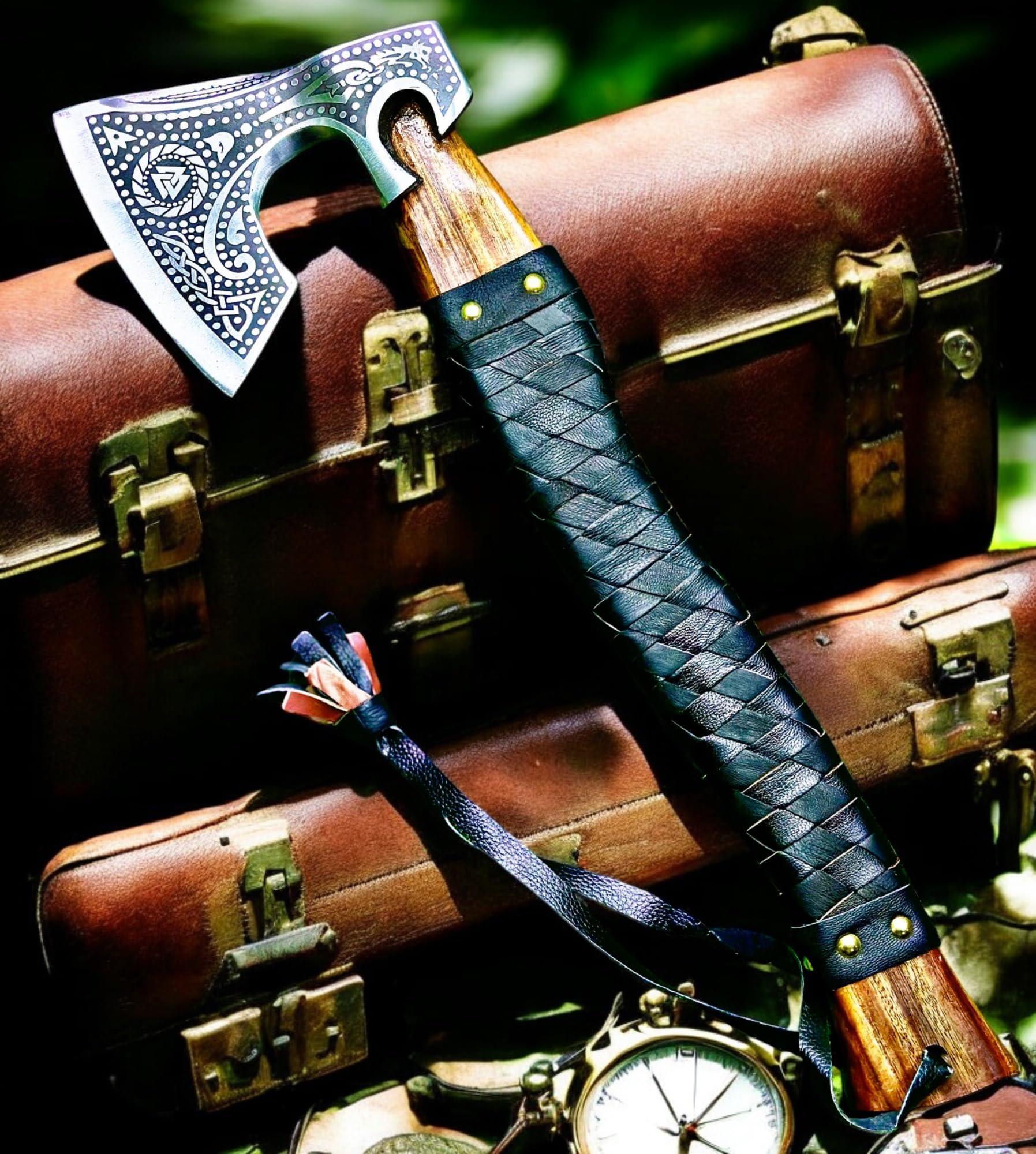 Poshland AX-7001 Custom Gift Forged Carbon Steel Viking Axe with Rose Wood Shaft, Double Edge Axe - Unique Gift Market