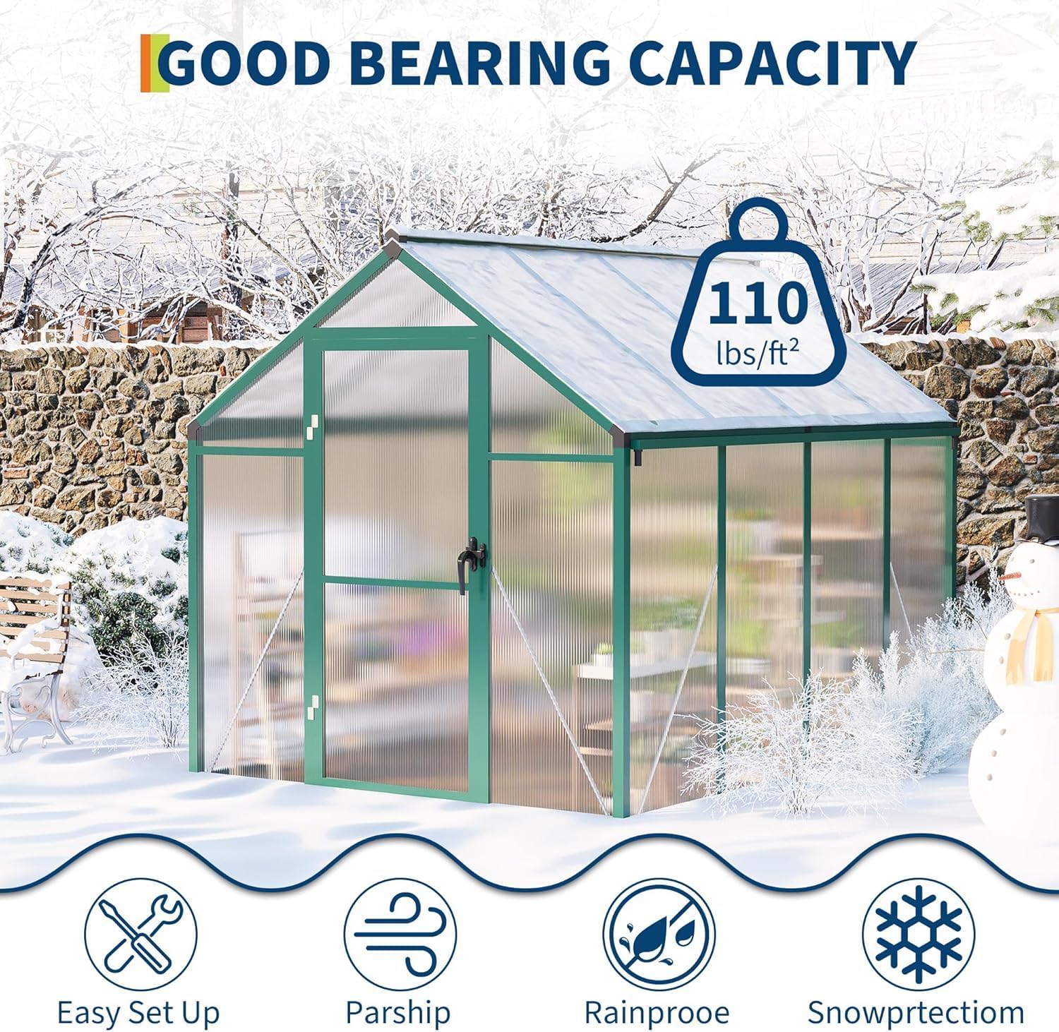 6×8FT Greenhouses for Outdoors, Aluminum Polycarbonate Greenhouses with Roof Vent - Heavy-Duty Walk-in Green Houses for All-Season Backyard Gardening
