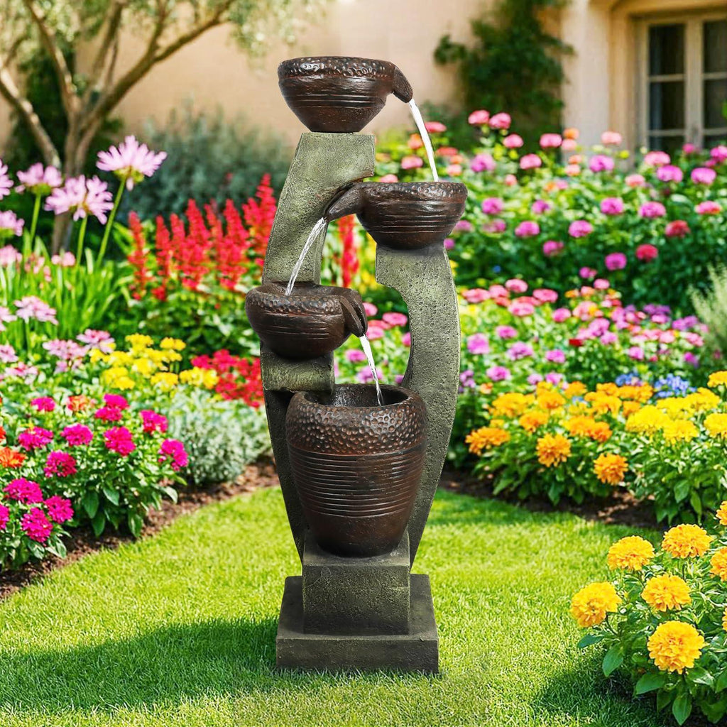 Naturefalls 40" Tall Outdoor Water Fountain and Waterfalls - Large Garden Fountain with LED Lights, 4-Tier Crocks, Indoor and Outdoor Fountains for Garden, Patio, Deck, Porch, Backyard and Home, Gray - Unique Gift Market