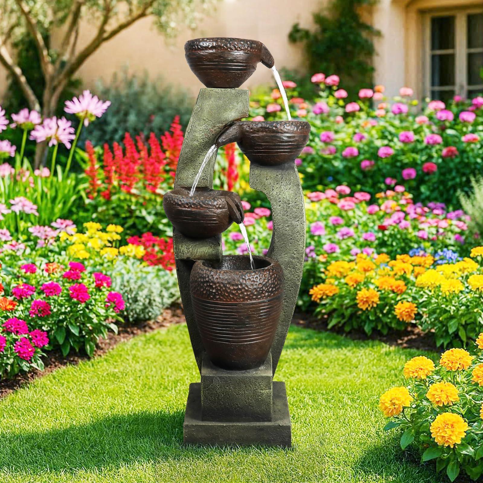 Naturefalls 40" Tall Outdoor Water Fountain and Waterfalls - Large Garden Fountain with LED Lights, 4-Tier Crocks, Indoor and Outdoor Fountains for Garden, Patio, Deck, Porch, Backyard and Home, Gray - Unique Gift Market