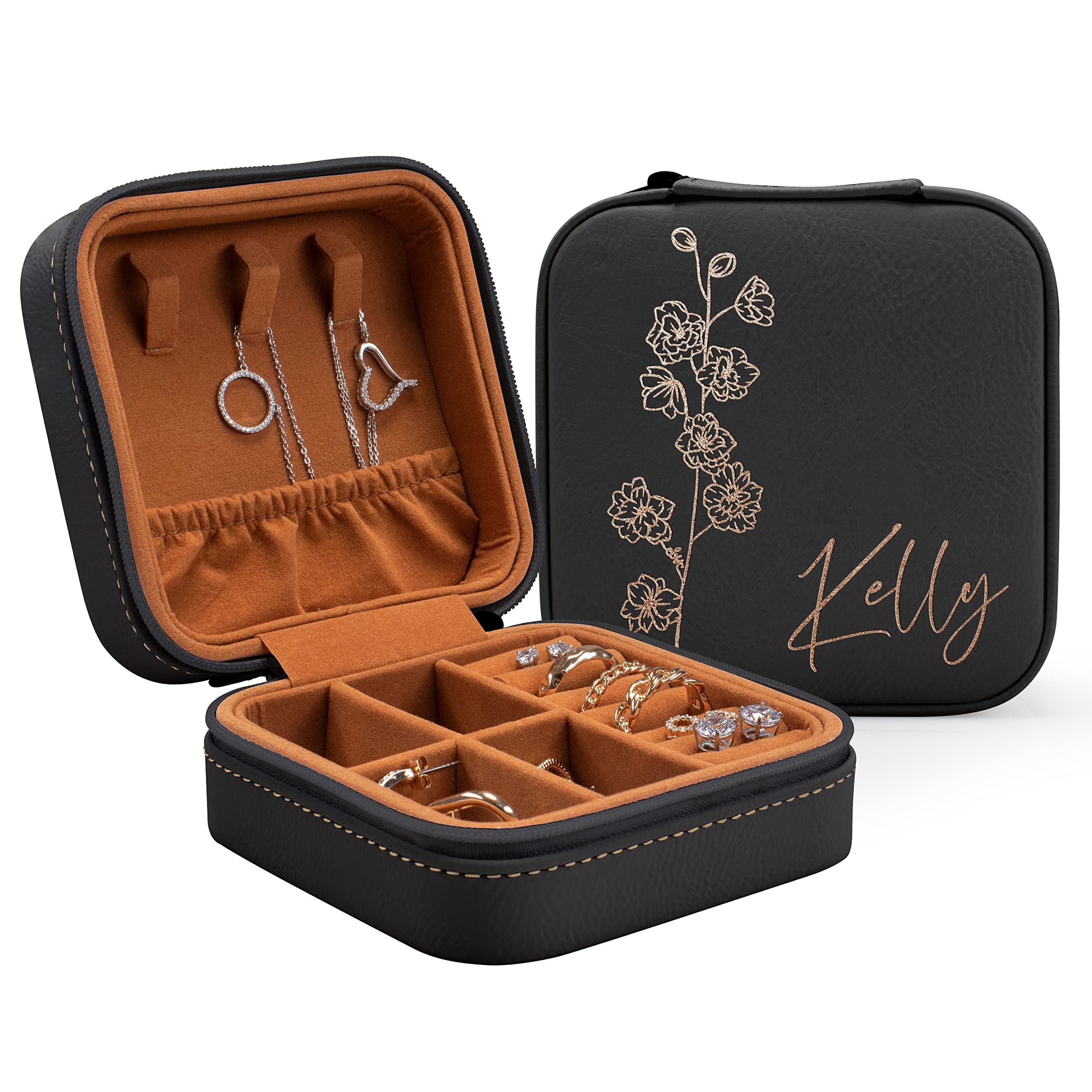 Custom Leather Jewelry Box w/Name & Birth Flower Month - Birthday Gifts for Women, Personalized Jewelry Travel Case - Customized Jewelry Organizer Box, Mom Birthday Gifts - Rustic