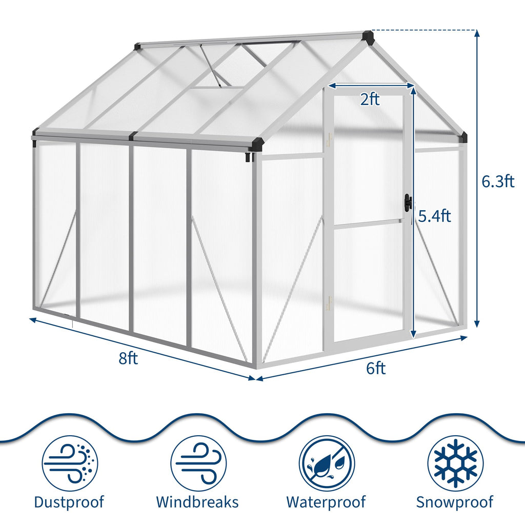 8×10 FT Greenhouse, Large Walk in Greenhouses for Outdoors and Garden Planting, Polycarbonate Greenhouse with Enhanced Aluminum Frame, Green Houses with Quick Setup Structure and Roof Vent, Green