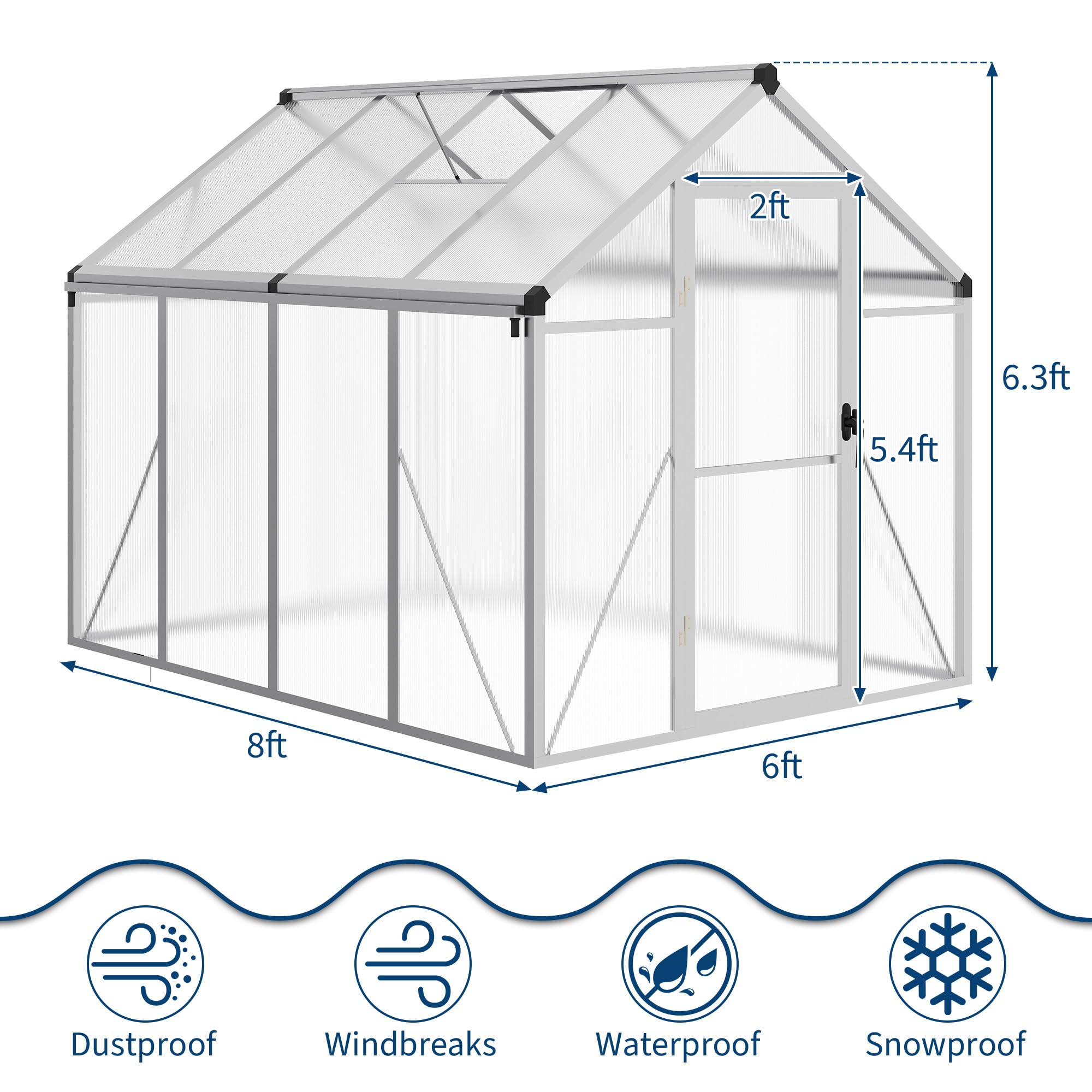 8×10 FT Greenhouse, Large Walk in Greenhouses for Outdoors and Garden Planting, Polycarbonate Greenhouse with Enhanced Aluminum Frame, Green Houses with Quick Setup Structure and Roof Vent, Green