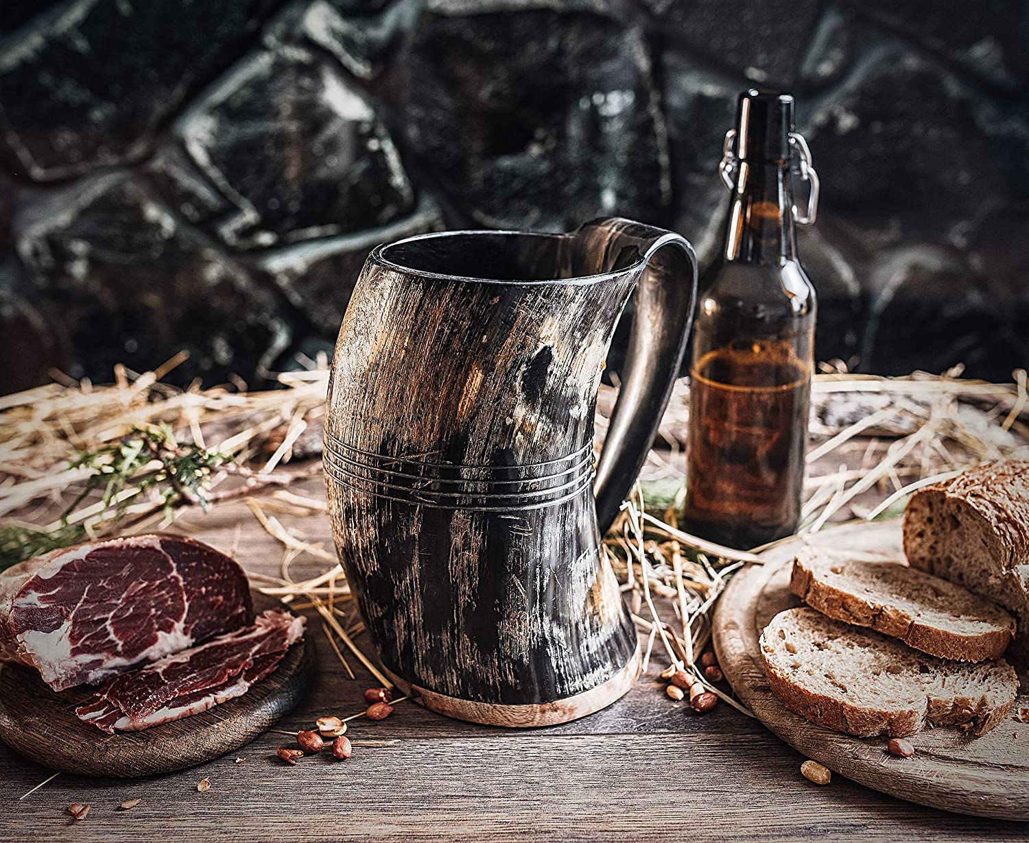 Norse Tradesman Original LG Viking Drinking Horn Mug - 100% Authentic Beer Horn Tankard With Natural Surface & Burlap Gift Sack | The Original, Low Polish, approx. 16 oz
