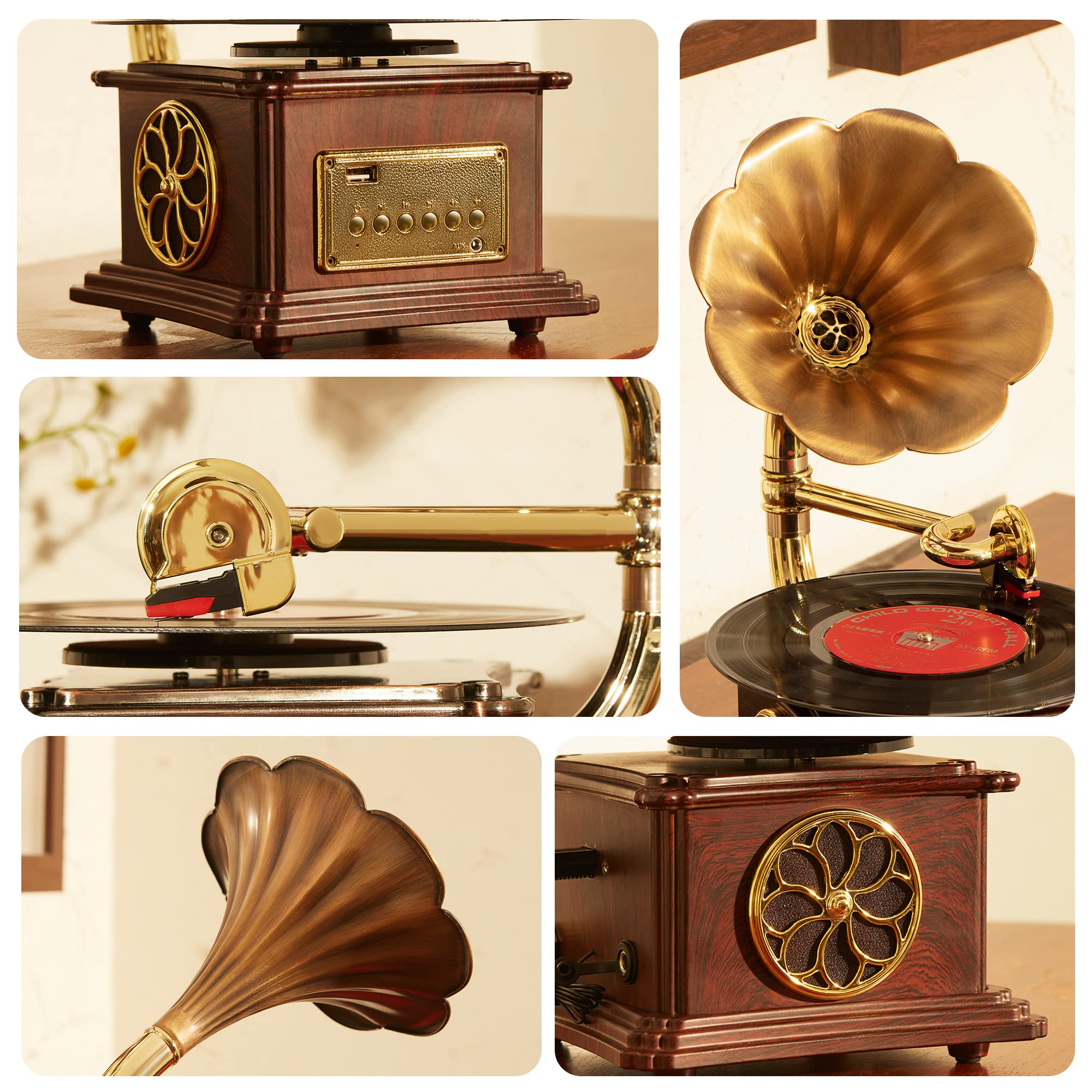 Mini Gramophone Vintage Copper Horn Record Player with Bluetooth, USB, AUX, FM Radio and Built-in Speakers for Gift Home Decor