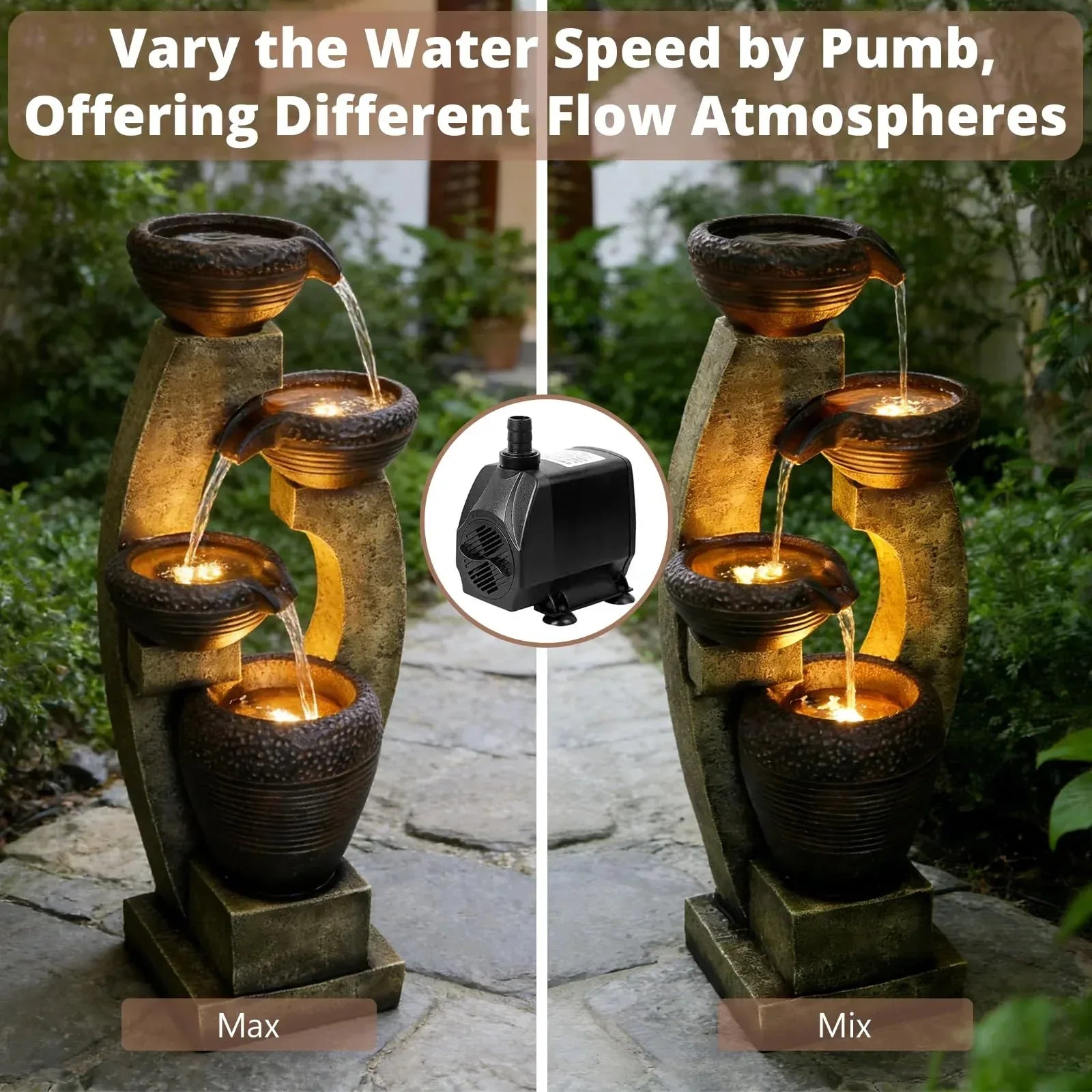 Naturefalls 40" Tall Outdoor Water Fountain and Waterfalls - Large Garden Fountain with LED Lights, 4-Tier Crocks, Indoor and Outdoor Fountains for Garden, Patio, Deck, Porch, Backyard and Home, Gray - Unique Gift Market