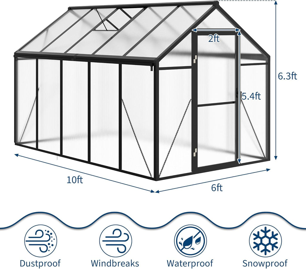6×10 FT Greenhouse, Large Walk in Greenhouses for Outdoors and Garden Planting, Polycarbonate Greenhouse with Enhanced Aluminum Frame, Green Houses with Quick Setup Structure and Roof Vent, Black