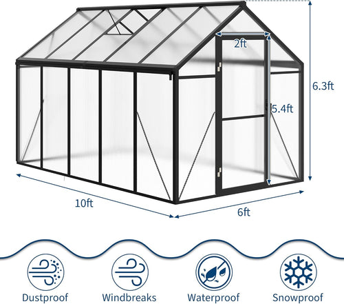 6×10 FT Greenhouse, Large Walk in Greenhouses for Outdoors and Garden Planting, Polycarbonate Greenhouse with Enhanced Aluminum Frame, Green Houses with Quick Setup Structure and Roof Vent, Black
