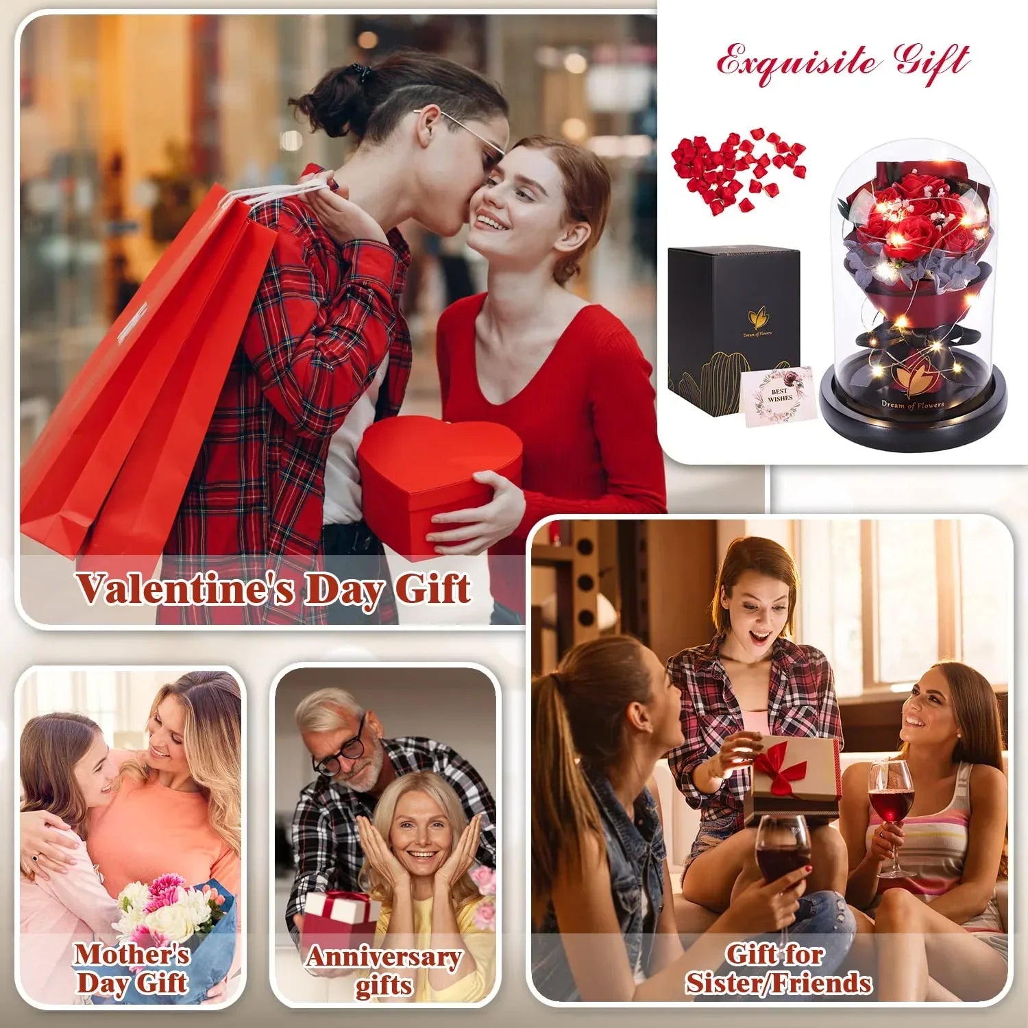 Valentines Day Gifts for Her,Valentines Flower Gifts for Women,Rose in Glass Dome with 2 Light Modes,Light Up Rose Flowers,Valentines Anniversary Birthday Gifts for Women, Mom, Wife, Girlfriend - Unique Gift Market