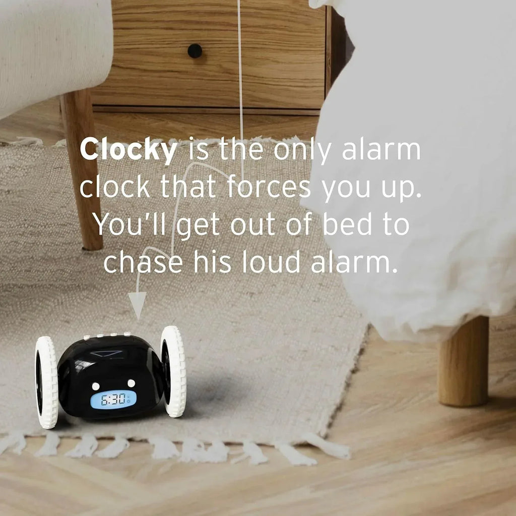 CLOCKY Alarm Clock on Wheels – Loud Rolling Alarm Clock for Heavy Sleepers | Runaway Clock That Jumps & Runs to Wake You Up | Funny Unique Gift for Adults, Teens & Kids Bedrooms (Black) - Unique Gift Market