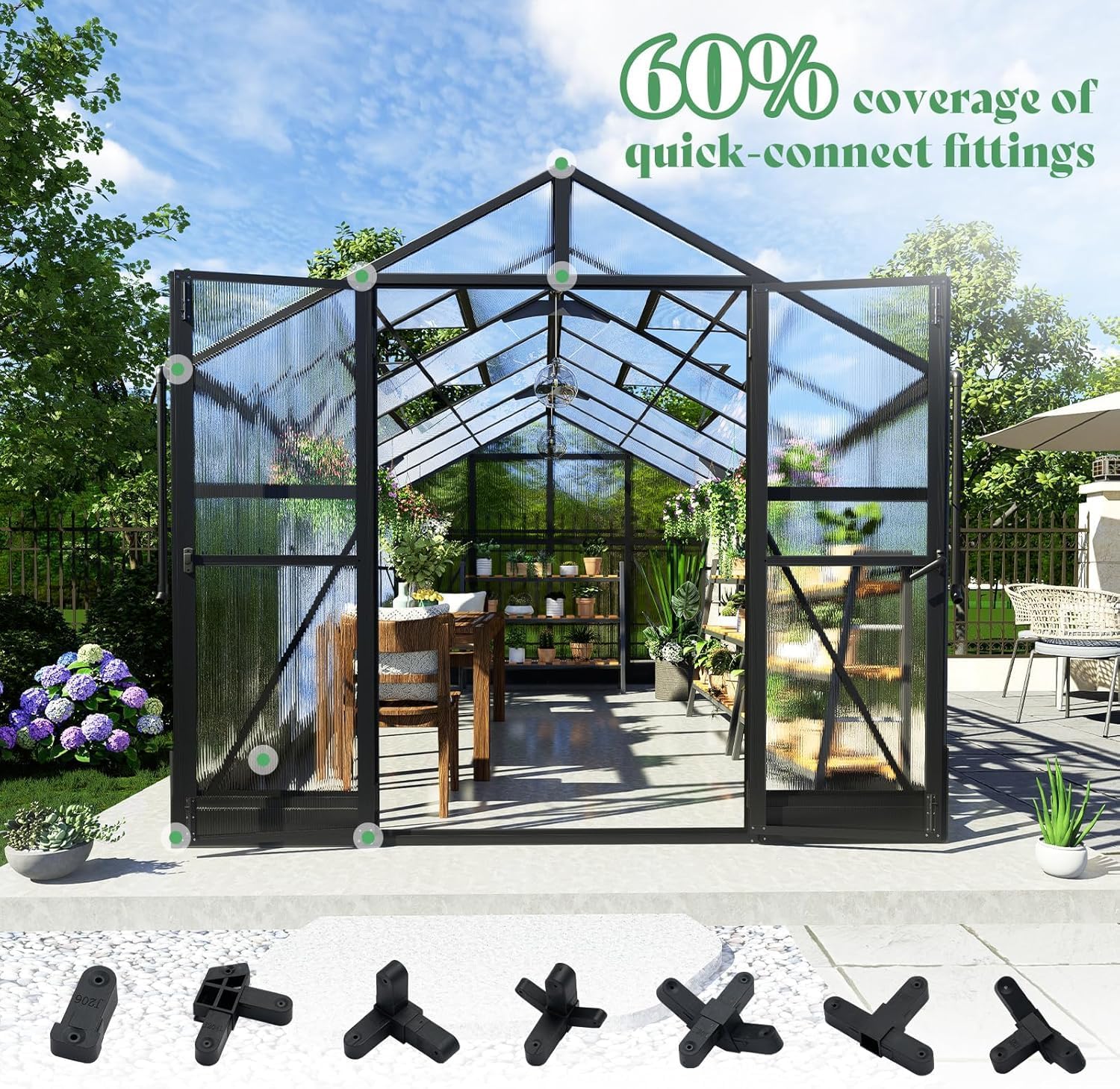 AMERLIFE 8x12x7FT Polycarbonate Greenhouse, Walk in Greenhouse with Quick-Connect System, Green House with 4 Vent Windows and Swing Lockable Door, Greenhouses for Outdoors, Sunroom Black