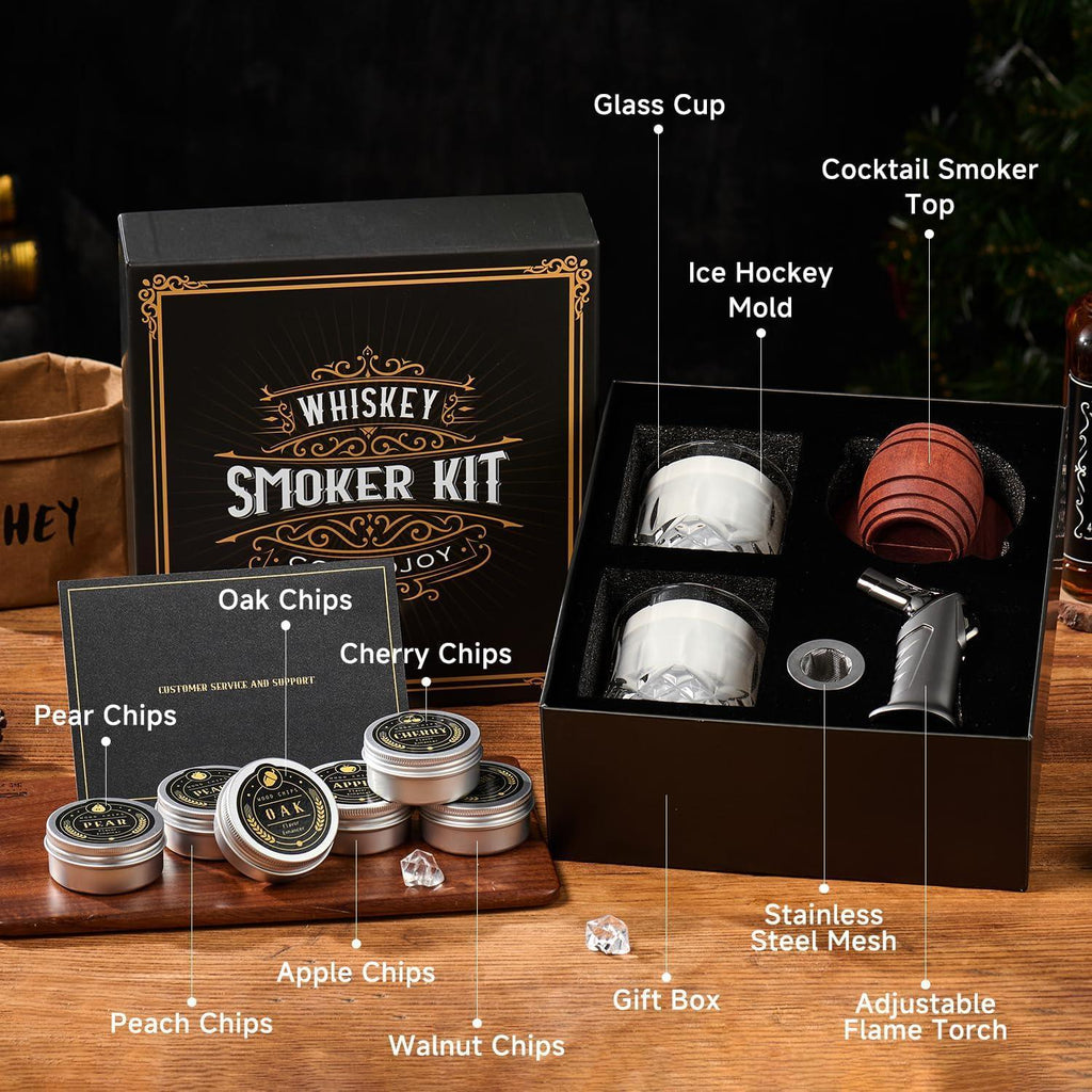 Whiskey Smoker Kit with Torch - 6 Flavors Wood Chips, 2 Glasses, 2 Ice Ball Molds - Cocktail Smoker Infuser Kit, Old Fashioned Drink Smoker Kit, Birthday Bourbon Whiskey Gifts for Men,Dad(NO Butane) - Unique Gift Market