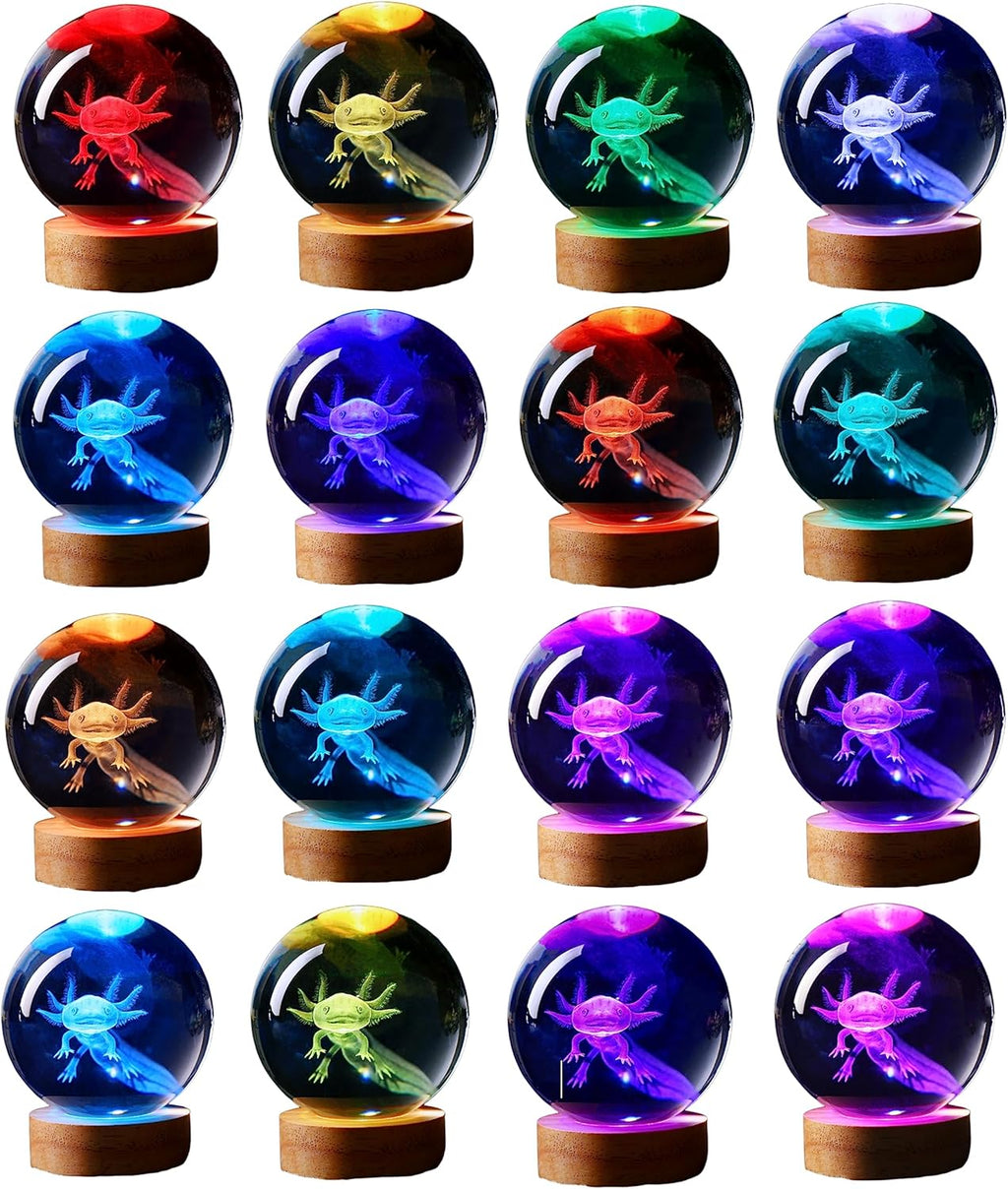 axolotl lamp,3.15 inch 3D K9 Crystal Ball Axolotl Night Light with Wooden Base,16 colors change,remote control,color box,Birthday Christmas axolotl Gift