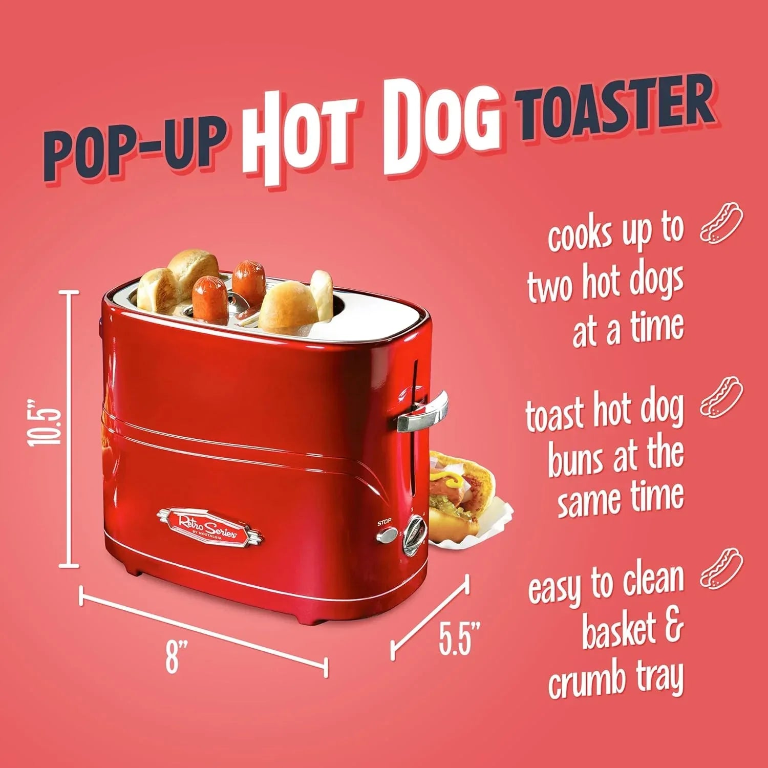 Nostalgia 2 Slot Hot Dog and Bun Toaster with Mini Tongs, Retro Toaster, Cooker that Works Chicken, Turkey, Veggie Links, Sausages Brats, Metallic Red - Unique Gift Market