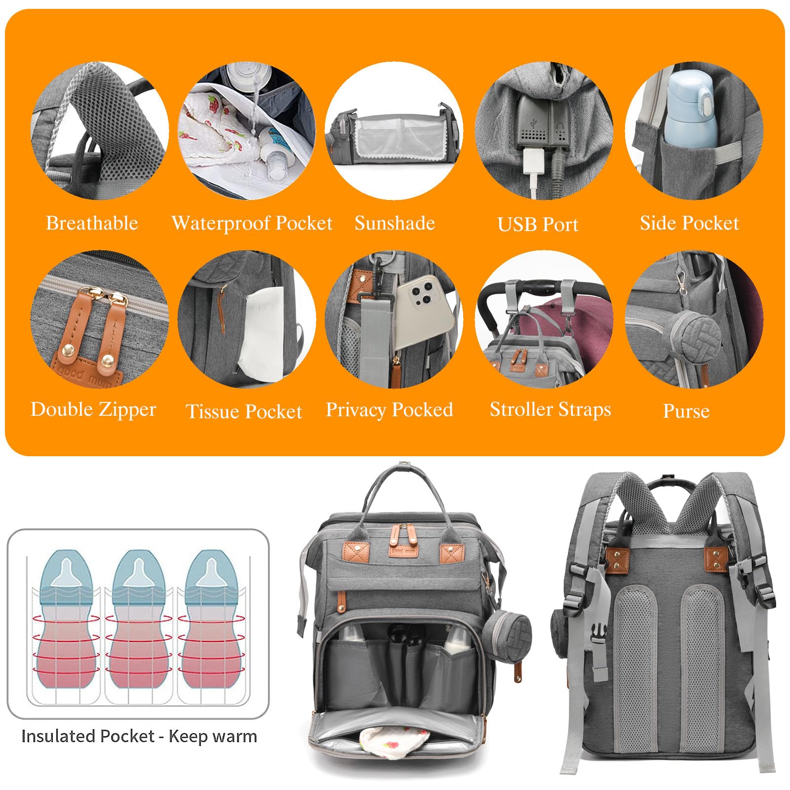Baby Diaper Bags with Changing Station, Waterproof Diaper Bag Backpack for Moms Dads with USB Charging Port, Baby Shower Gifts, Large Capacity diaper backpack, Grey